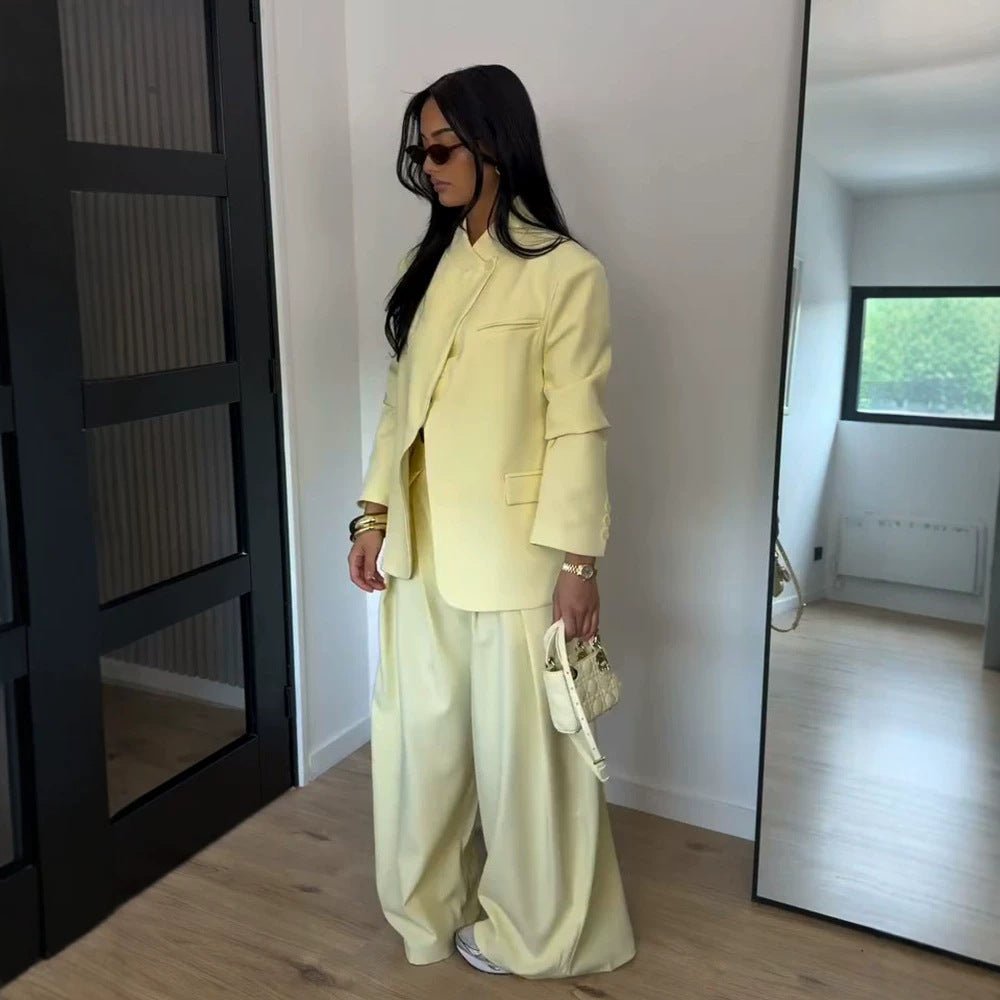Women Two-Piece Oversized Blazer with Stand Collar and Wide Pleated Trousers Chichicherry - Chichicherry