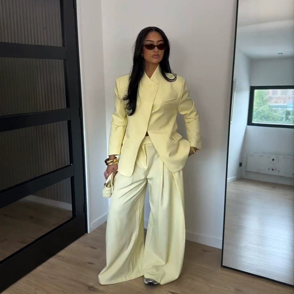 Women Two-Piece Oversized Blazer with Stand Collar and Wide Pleated Trousers Chichicherry - Chichicherry