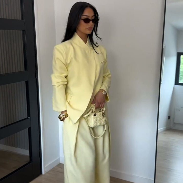 Women Two-Piece Oversized Blazer with Stand Collar and Wide Pleated Trousers Chichicherry - Chichicherry
