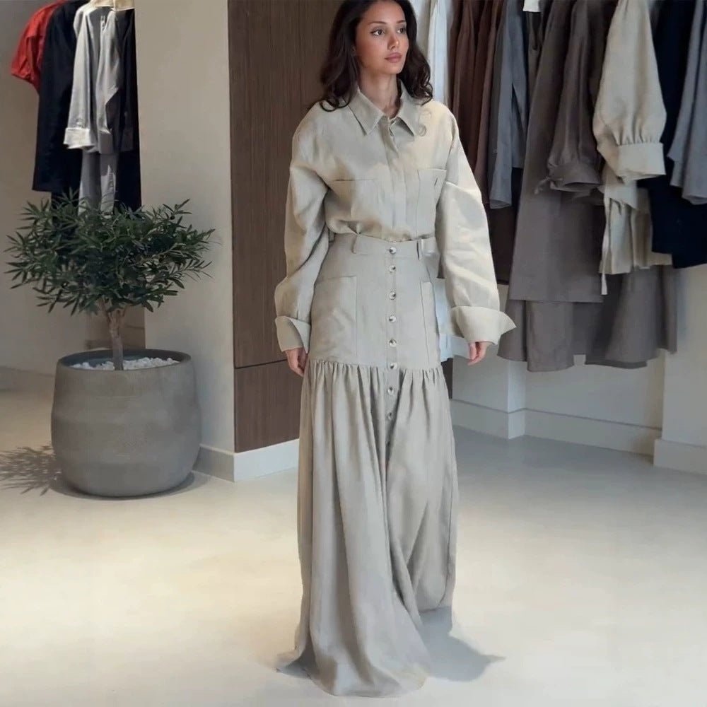 Women Two-Piece Oversized Shirt and Maxi Skirt Set with High Waist & Continuous Button Placket Chichicherry - Chichicherry