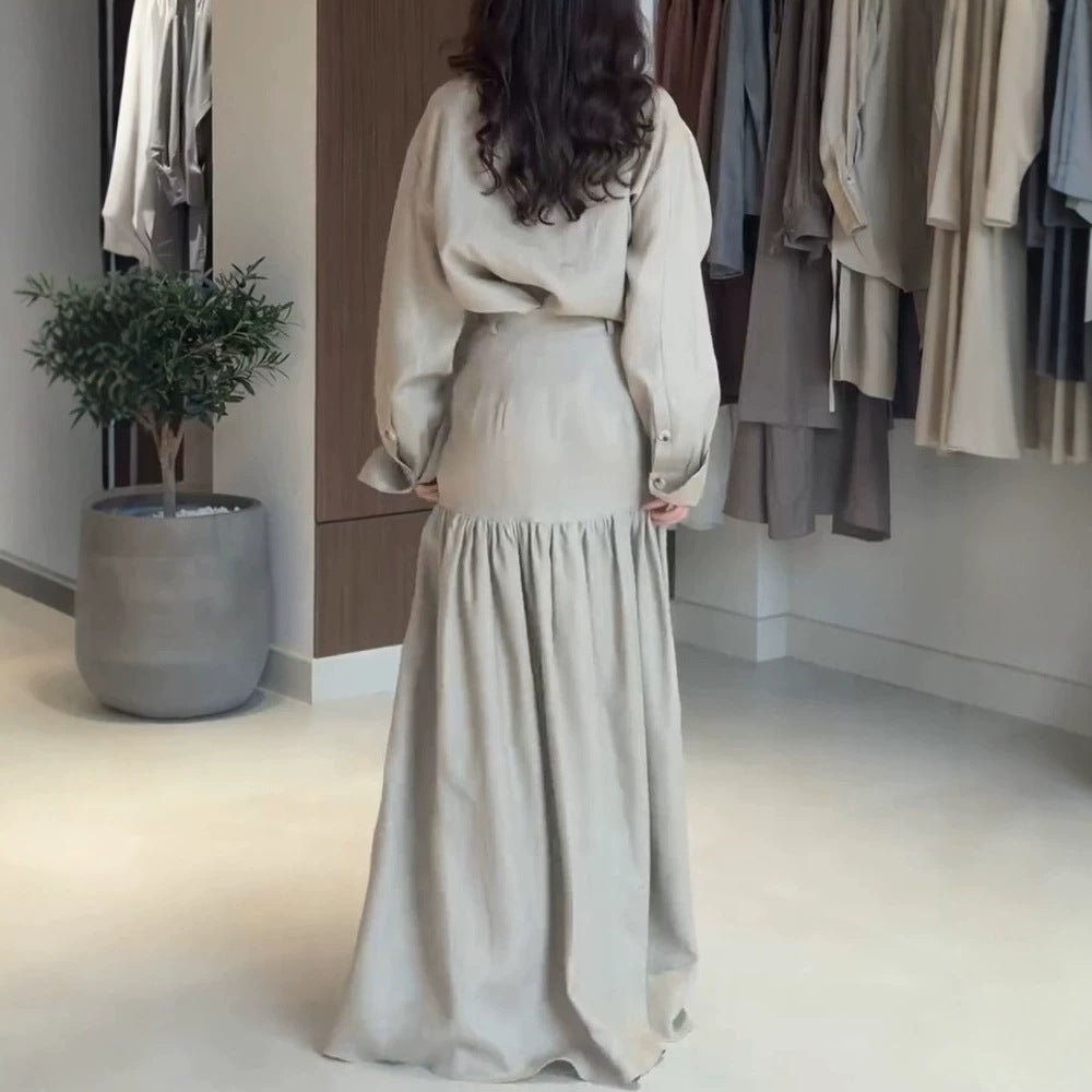 Women Two-Piece Oversized Shirt and Maxi Skirt Set with High Waist & Continuous Button Placket Chichicherry - Chichicherry
