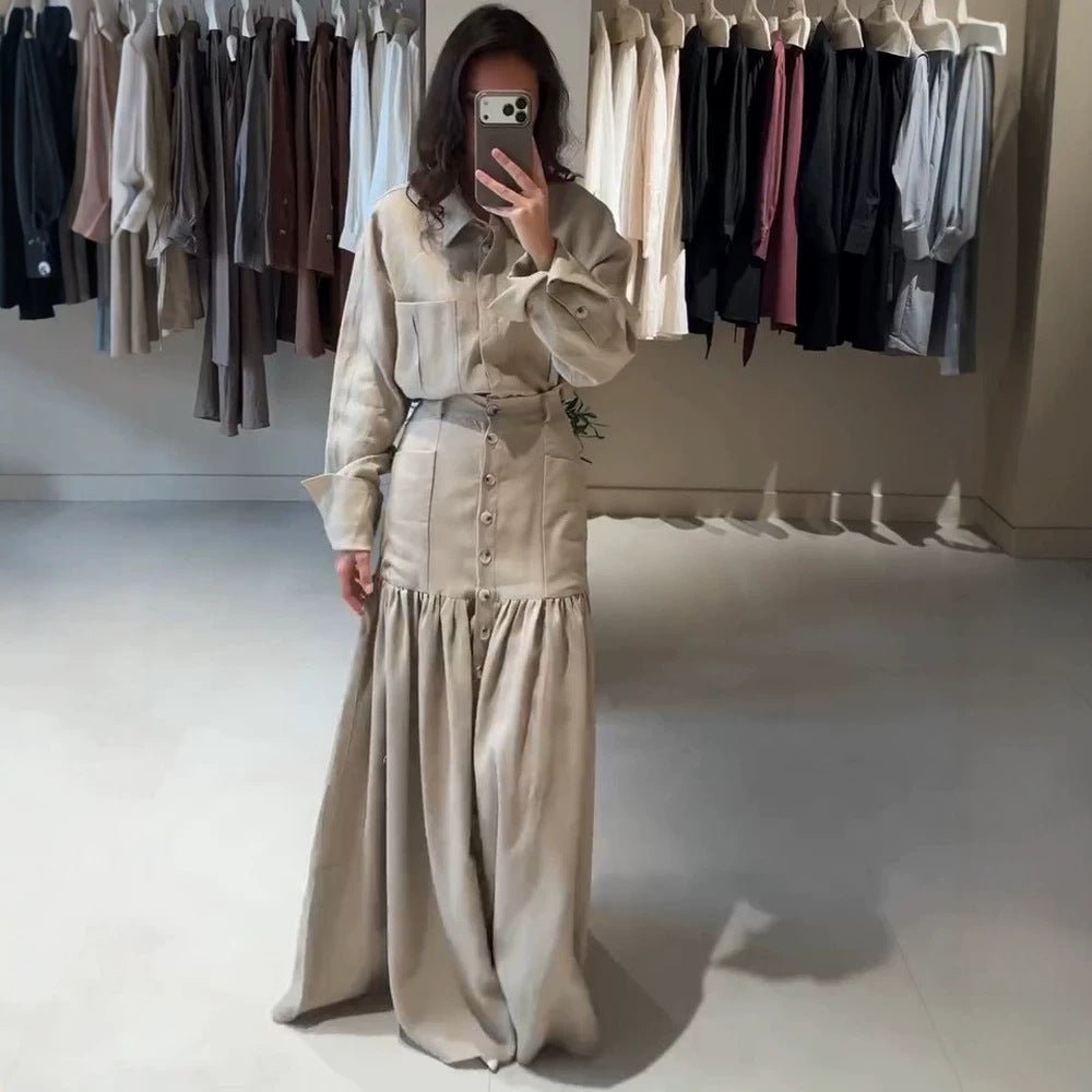 Women Two-Piece Oversized Shirt and Maxi Skirt Set with High Waist & Continuous Button Placket Chichicherry - Chichicherry