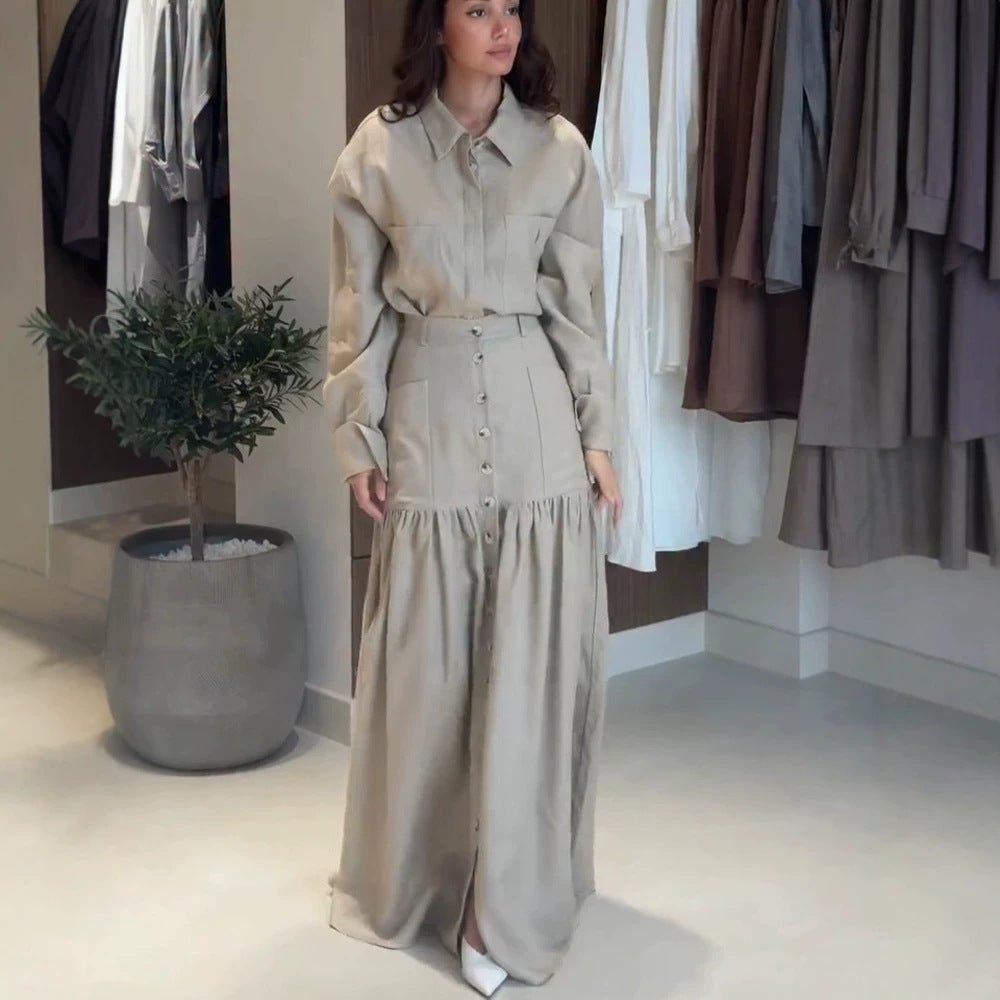 Women Two-Piece Oversized Shirt and Maxi Skirt Set with High Waist & Continuous Button Placket Chichicherry - Chichicherry