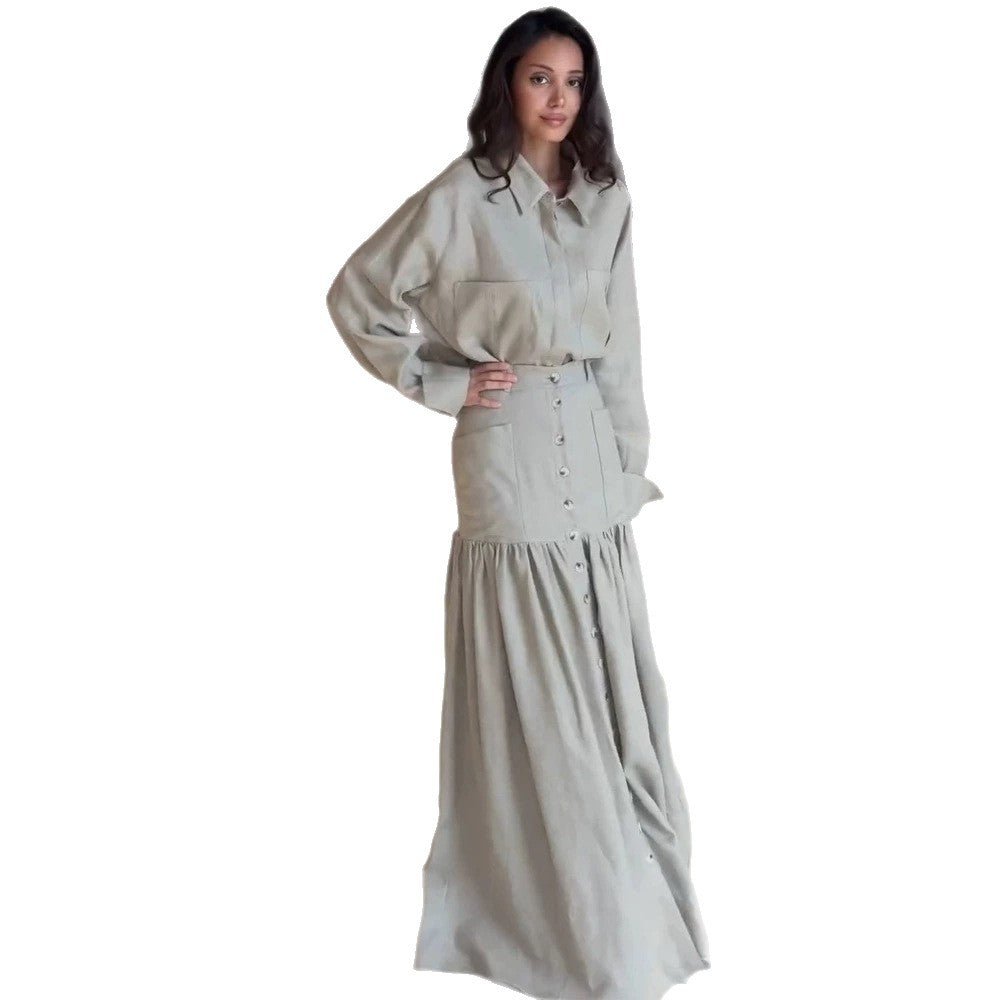 Women Two-Piece Oversized Shirt and Maxi Skirt Set with High Waist & Continuous Button Placket Chichicherry - Chichicherry