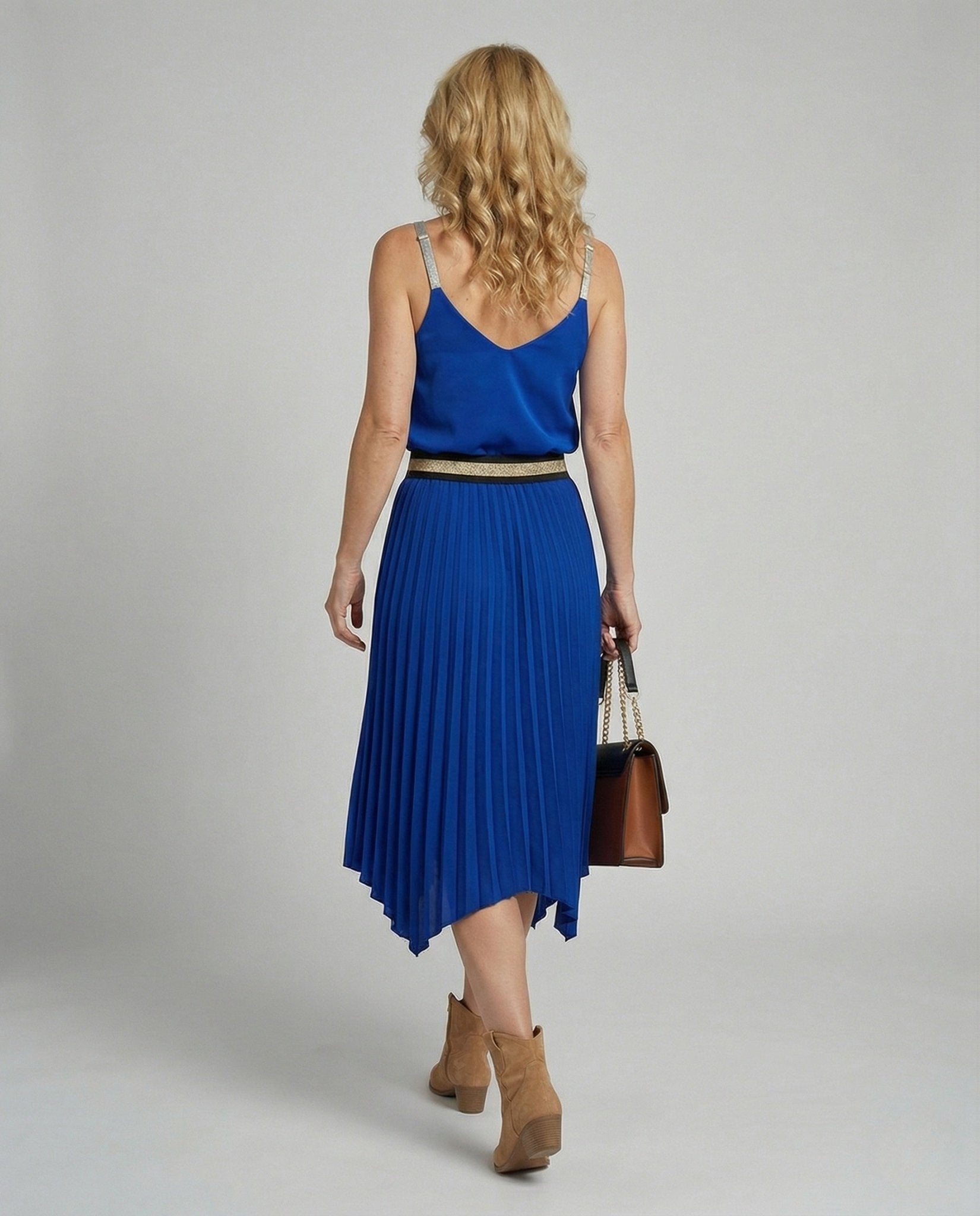 Women Two-Piece Satin Top with Pleated Midi Skirt - Chichicherry