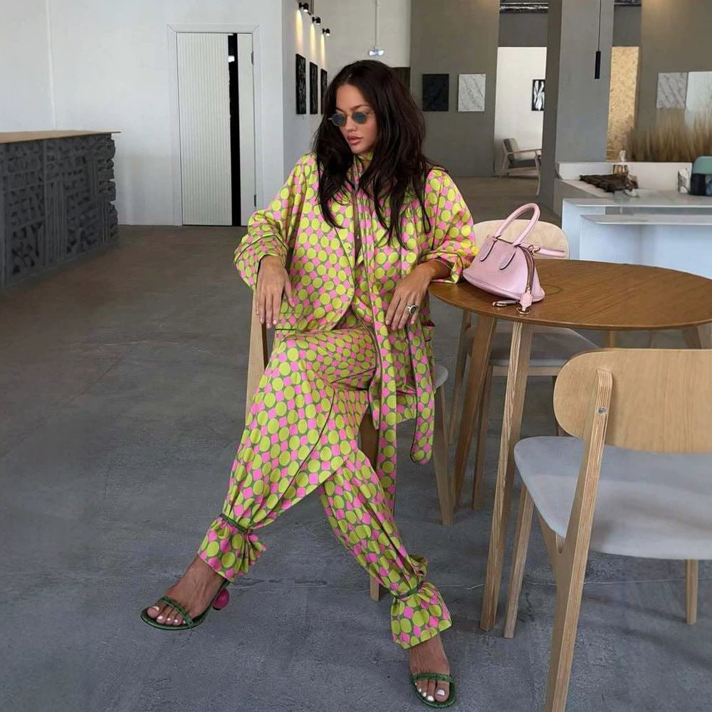 Women Two-Piece Silk Look Suit Set with Oversized Blazer, Wide Pleated Pants & Matching Tube Scarf Chichicherry - Chichicherry