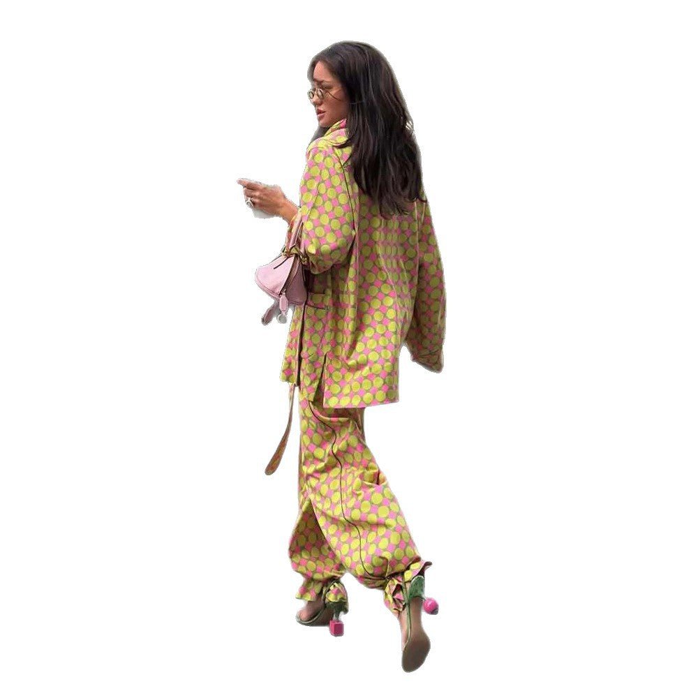 Women Two-Piece Silk Look Suit Set with Oversized Blazer, Wide Pleated Pants & Matching Tube Scarf Chichicherry - Chichicherry