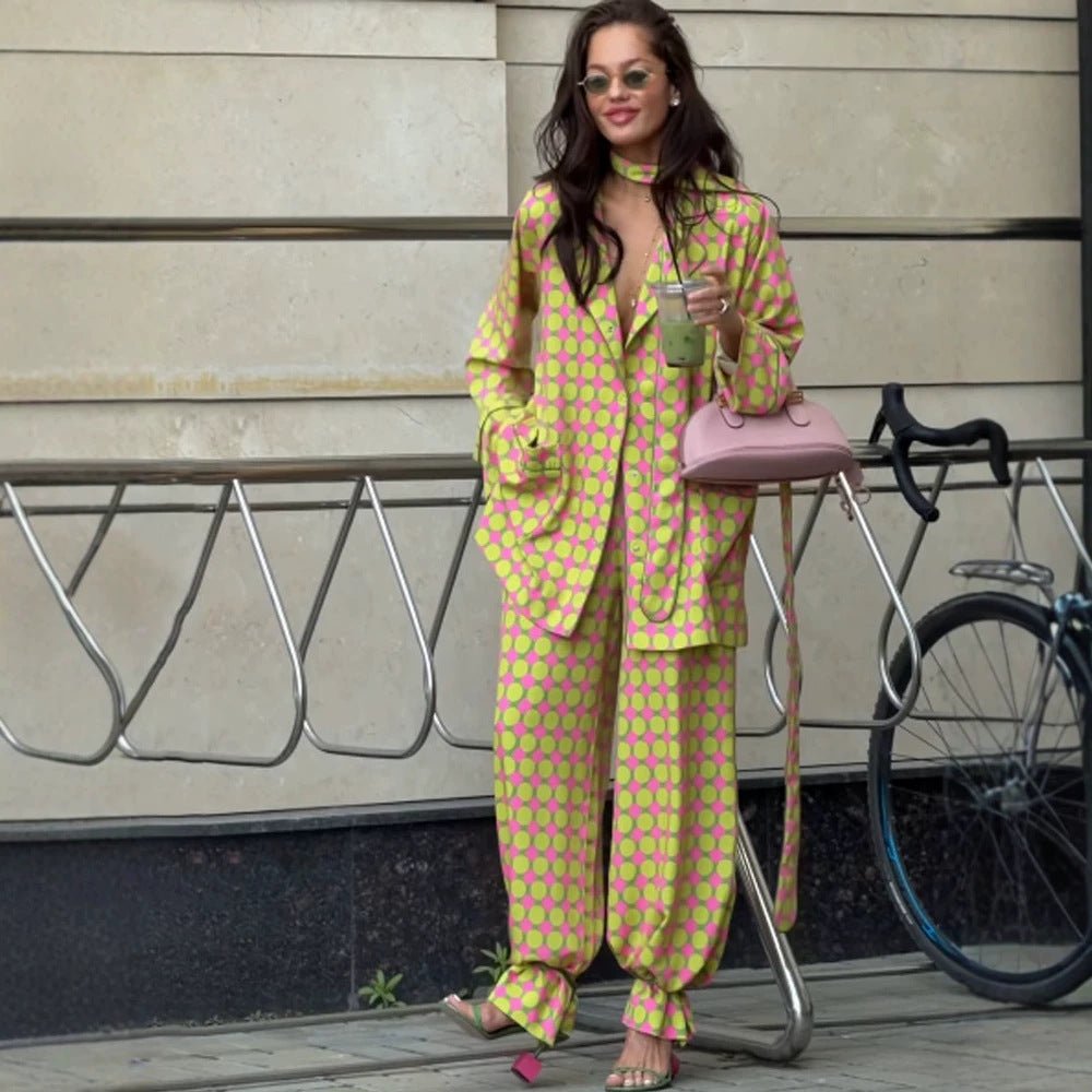 Women Two-Piece Silk Look Suit Set with Oversized Blazer, Wide Pleated Pants & Matching Tube Scarf Chichicherry - Chichicherry