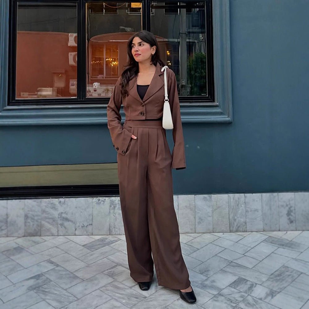 Women Two-Piece Tailoring Set Short Blazer with Bell Sleeves and High-Waist Palazzo Pants Chichicherry - Chichicherry
