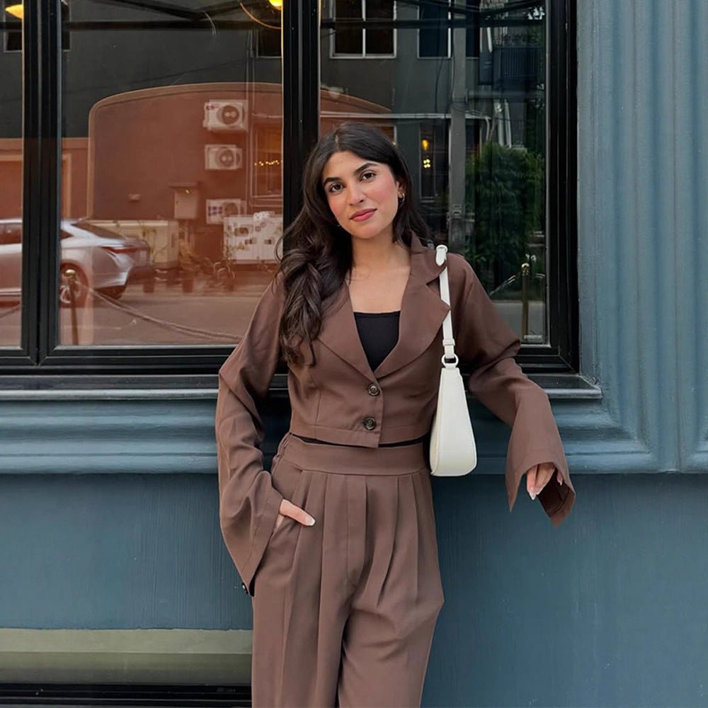 Women Two-Piece Tailoring Set Short Blazer with Bell Sleeves and High-Waist Palazzo Pants Chichicherry - Chichicherry