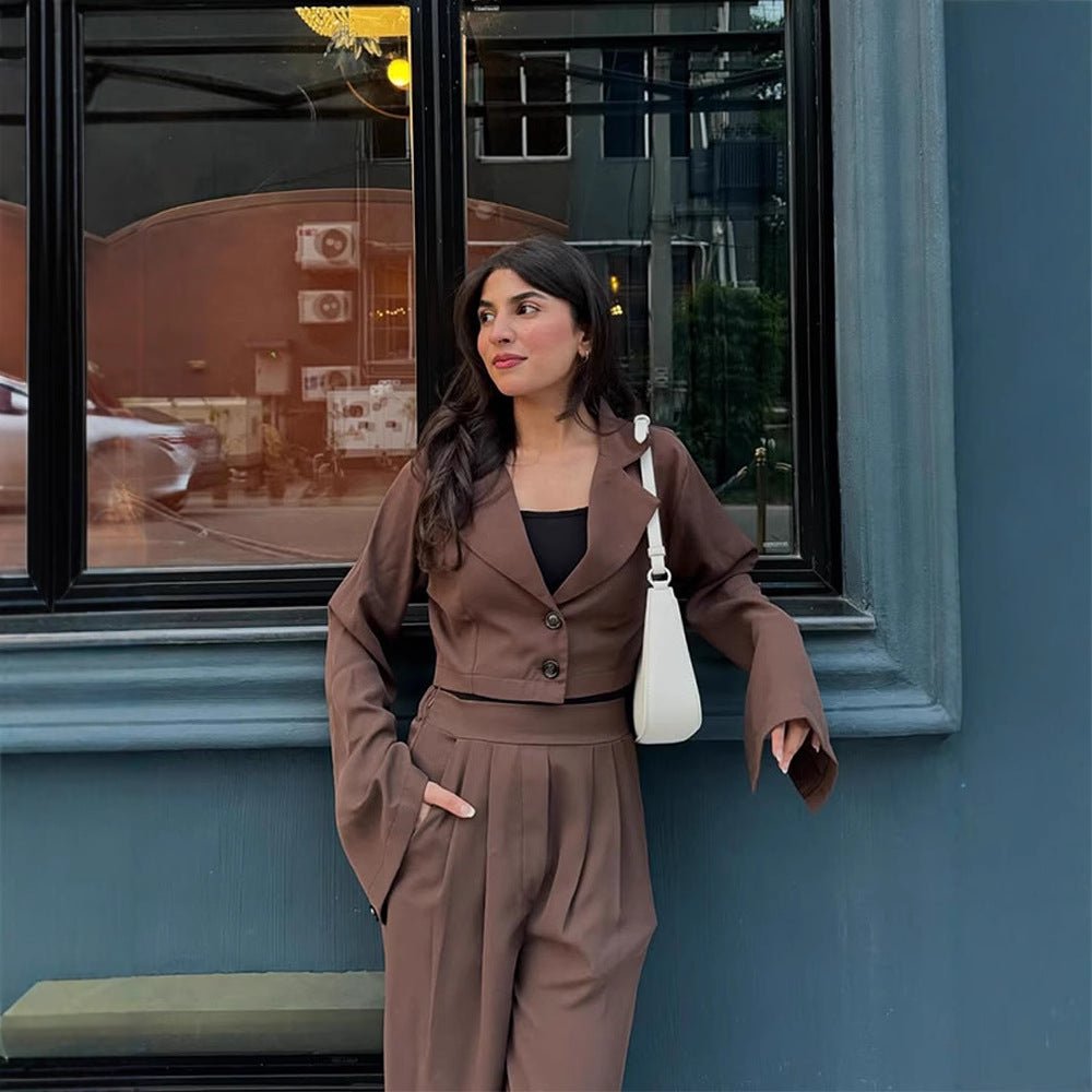 Women Two-Piece Tailoring Set Short Blazer with Bell Sleeves and High-Waist Palazzo Pants Chichicherry - Chichicherry