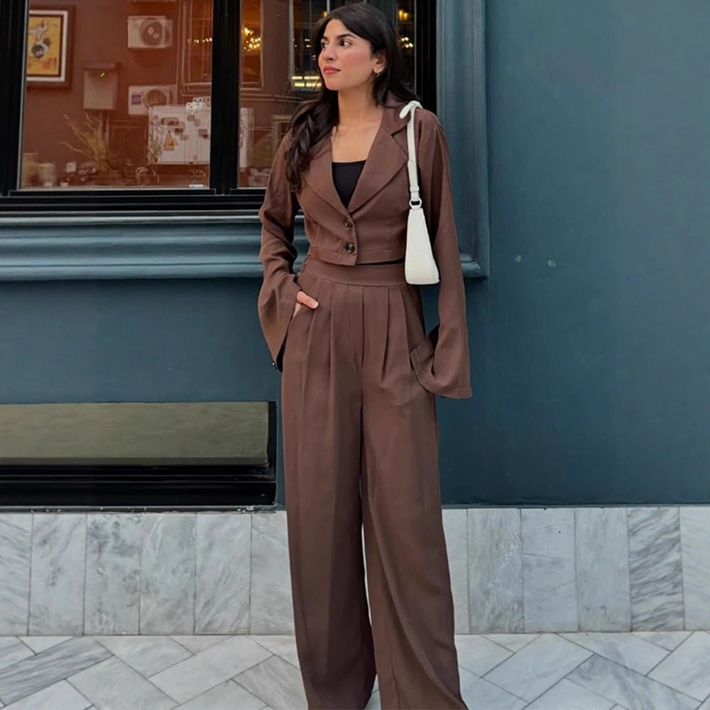 Women Two-Piece Tailoring Set Short Blazer with Bell Sleeves and High-Waist Palazzo Pants Chichicherry - Chichicherry