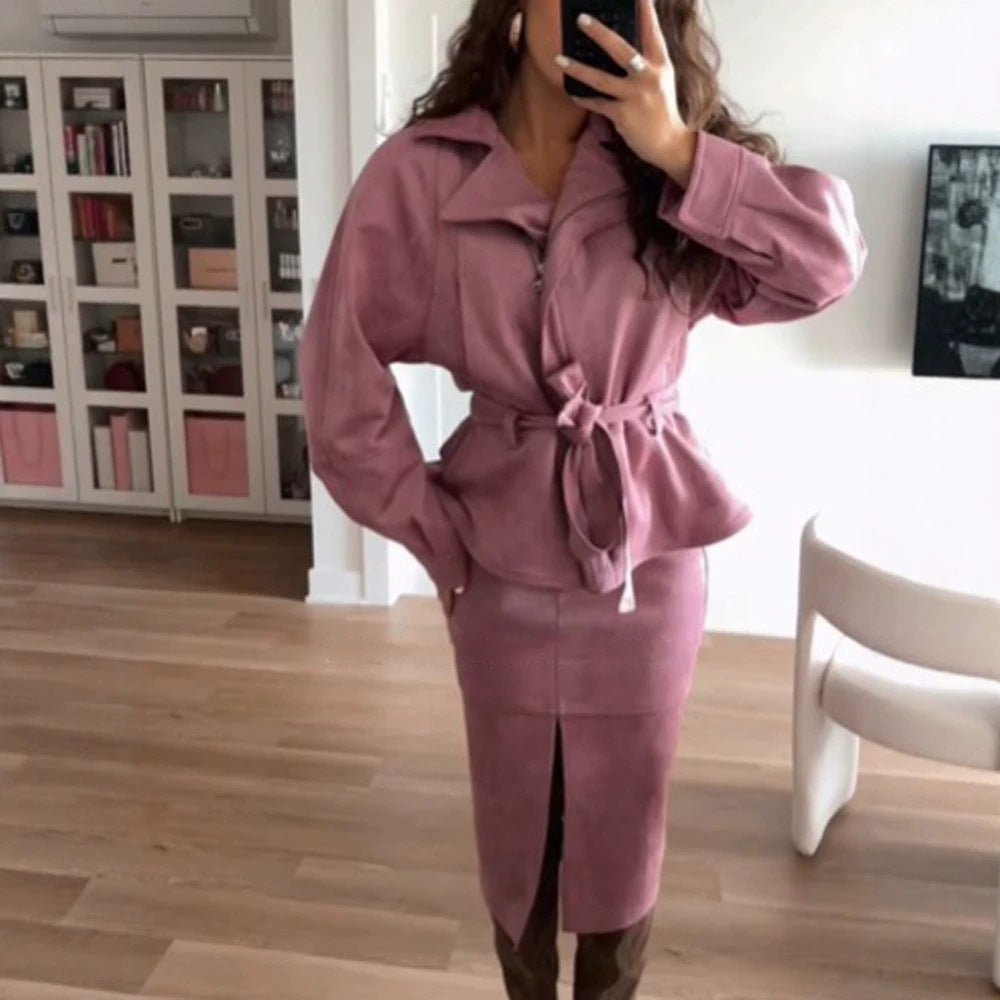 Women Two-Piece Velour Set with Fitted Wrap Blazer and Midi Skirt with Front Slit Chichicherry - Chichicherry