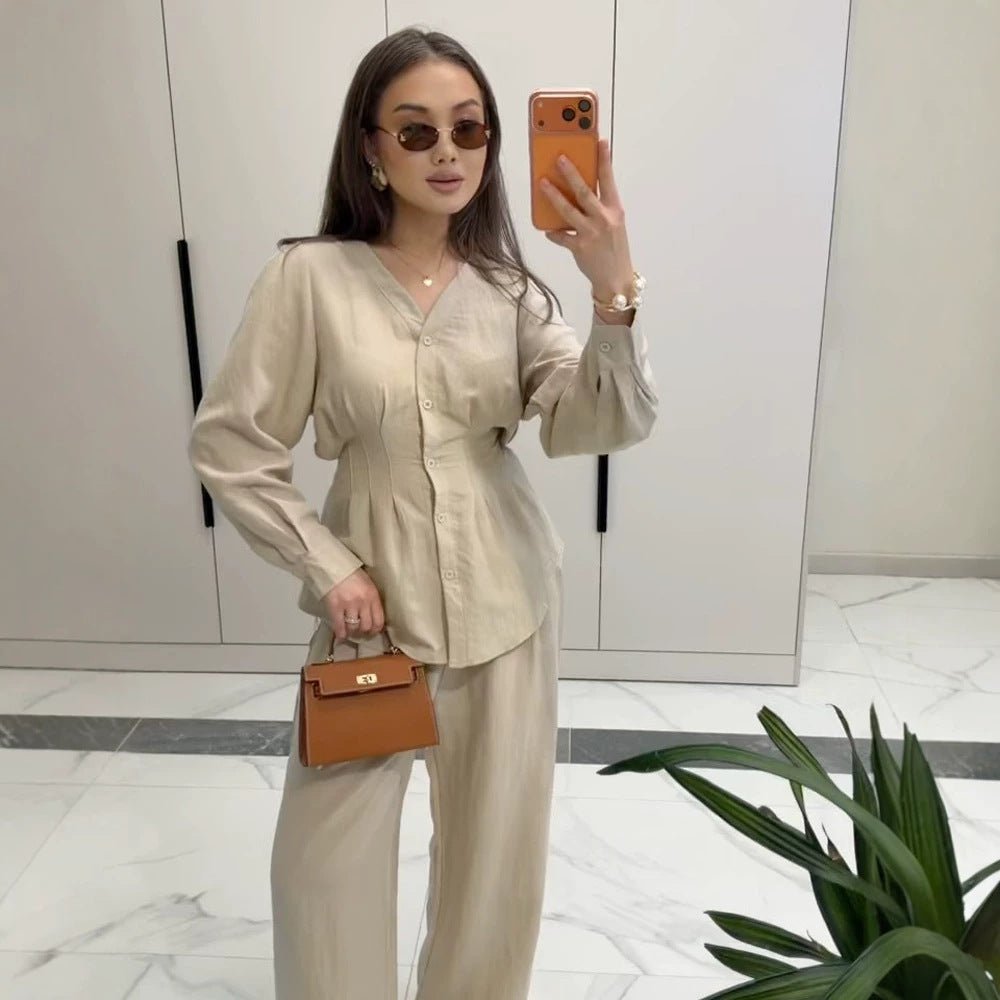 Women V-Neck Blouse and Culotte Set with Waist Pleats and Wide Legs Chichicherry - Chichicherry