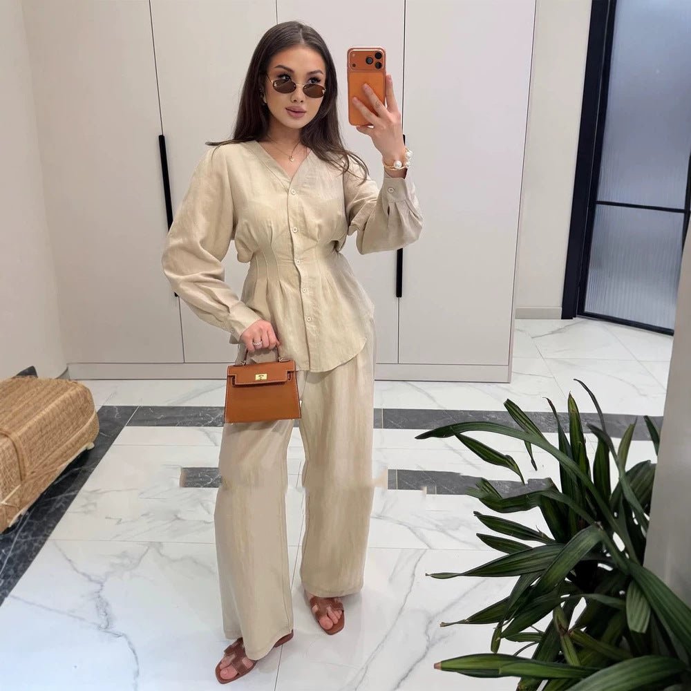 Women V-Neck Blouse and Culotte Set with Waist Pleats and Wide Legs Chichicherry - Chichicherry