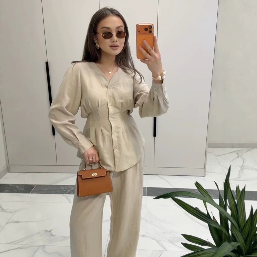 Women V-Neck Blouse and Culotte Set with Waist Pleats and Wide Legs Chichicherry - Chichicherry