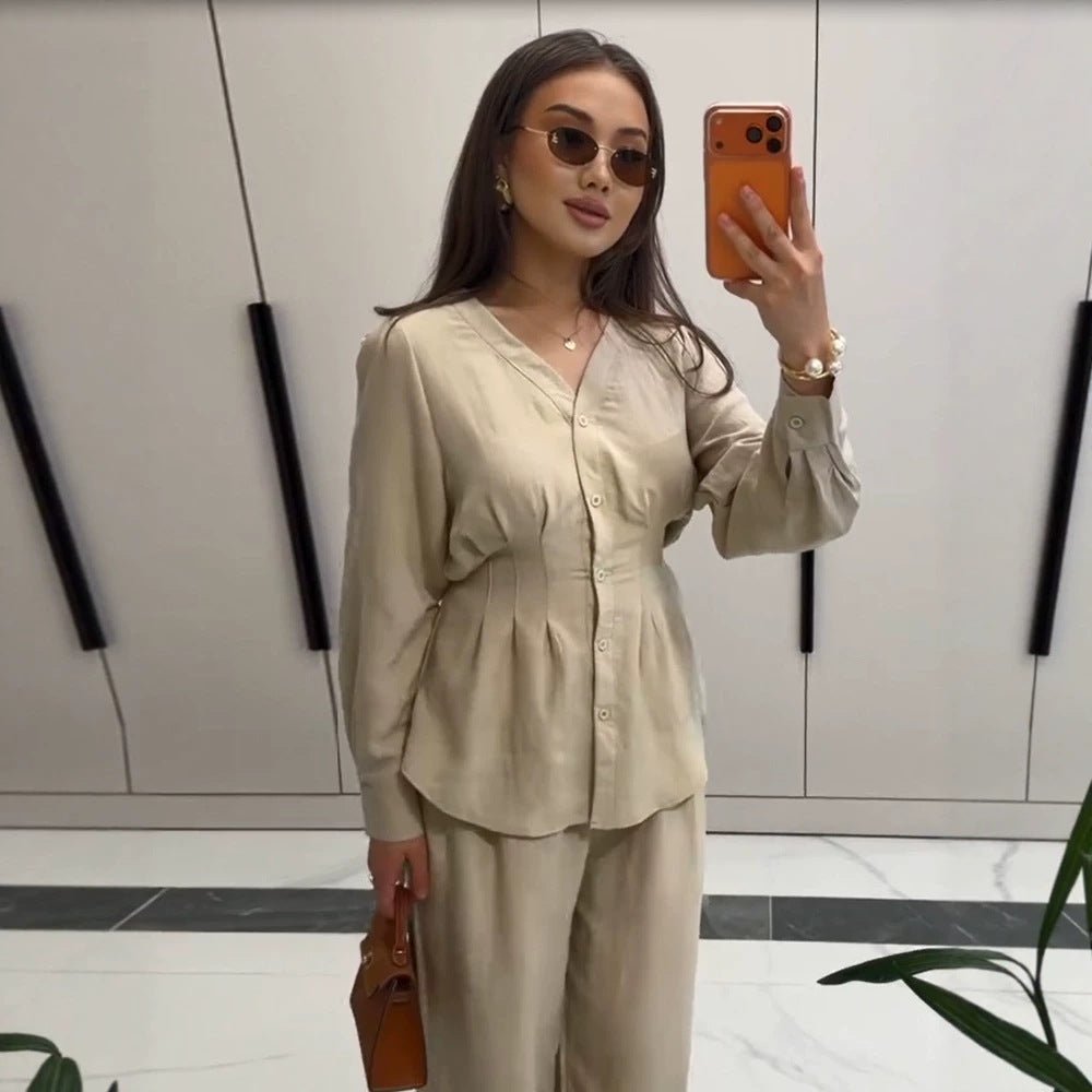 Women V-Neck Blouse and Culotte Set with Waist Pleats and Wide Legs Chichicherry - Chichicherry