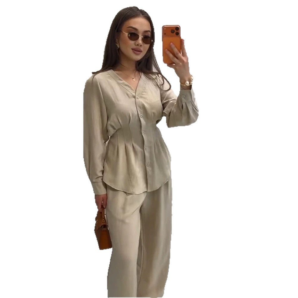 Women V-Neck Blouse and Culotte Set with Waist Pleats and Wide Legs Chichicherry - Chichicherry