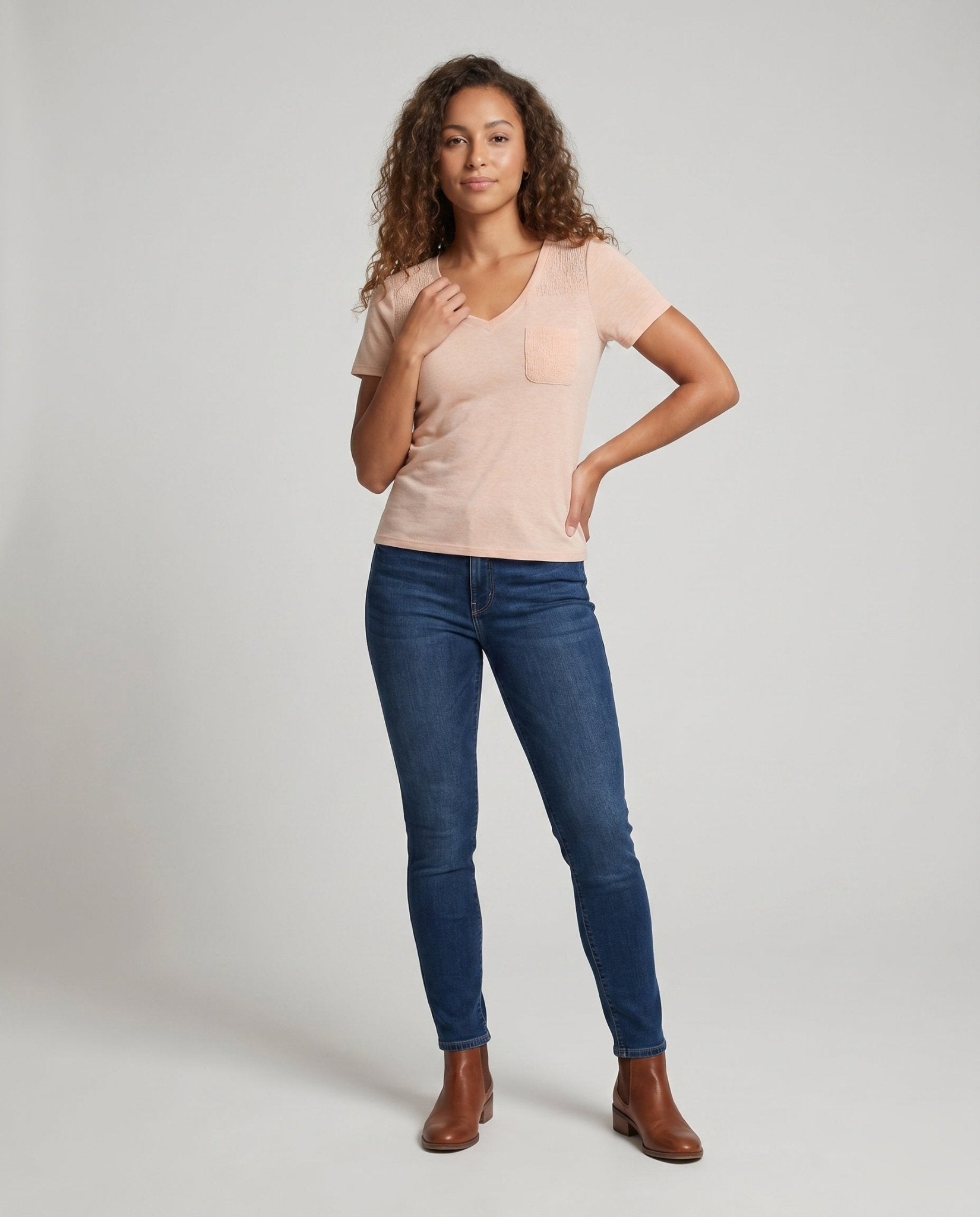 Women V neck T-shirt with decorative texture detail and chest pocket - Chichicherry
