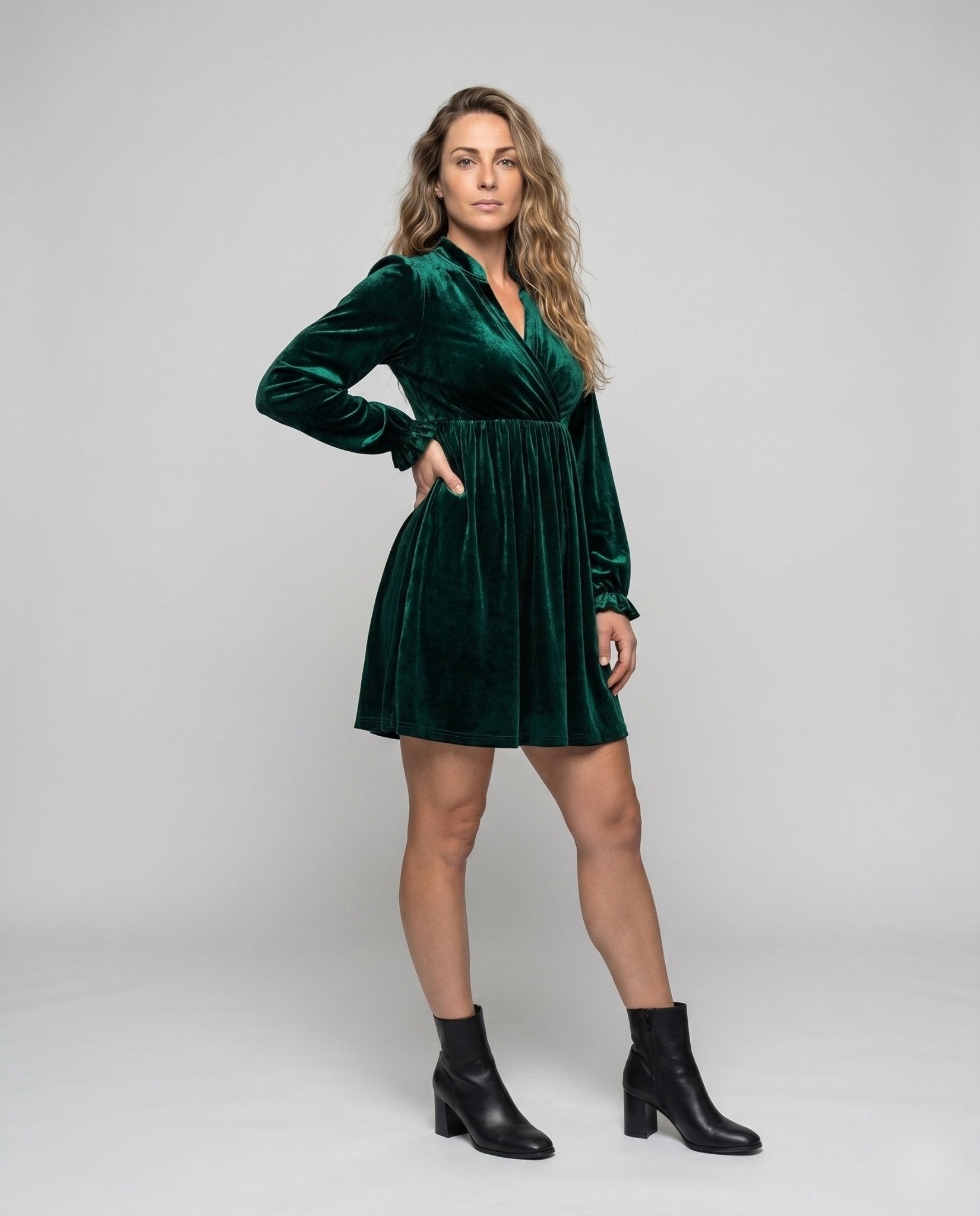 Women Velvet Minidress with Deep V-Neck and Ruffle Details - Chichicherry