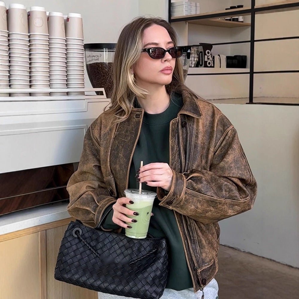Women Vintage-inspired Oversized Leather Bomber Jacket with Used Look Chichicherry - Chichicherry