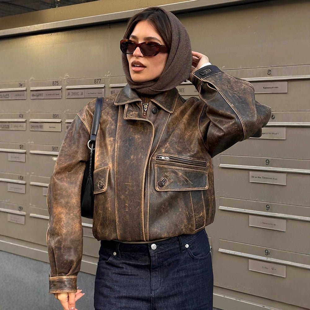 Women Vintage-inspired Oversized Leather Bomber Jacket with Used Look Chichicherry - Chichicherry