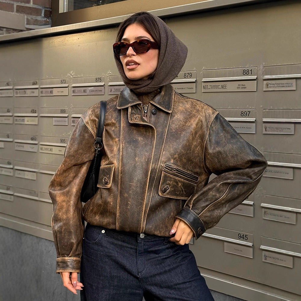 Women Vintage-inspired Oversized Leather Bomber Jacket with Used Look Chichicherry - Chichicherry