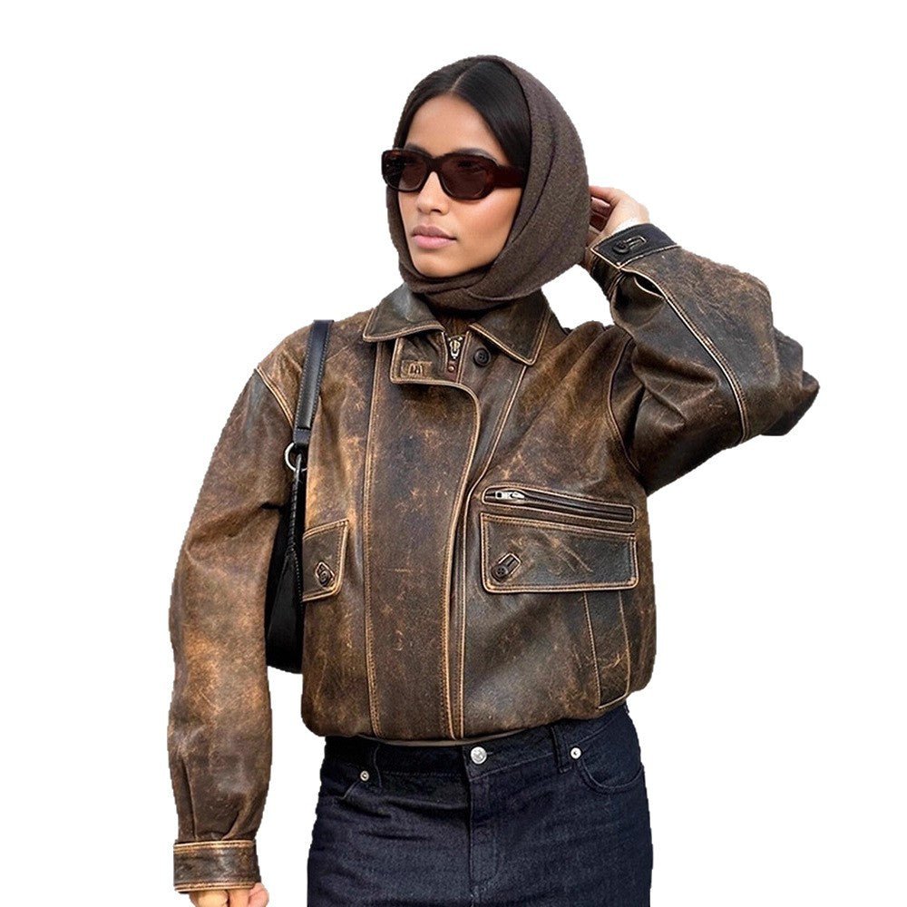 Women Vintage-inspired Oversized Leather Bomber Jacket with Used Look Chichicherry - Chichicherry