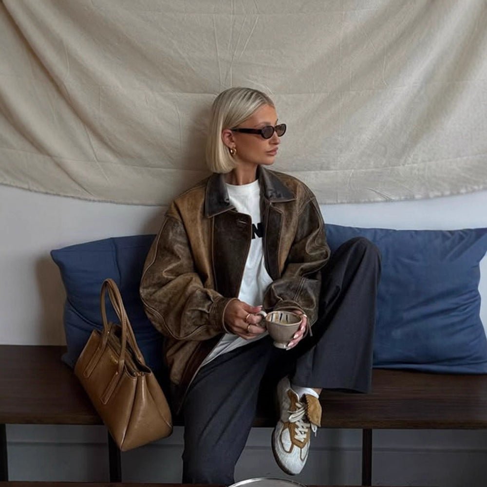 Women Vintage-inspired Oversized Leather Bomber Jacket with Used Look Chichicherry - Chichicherry