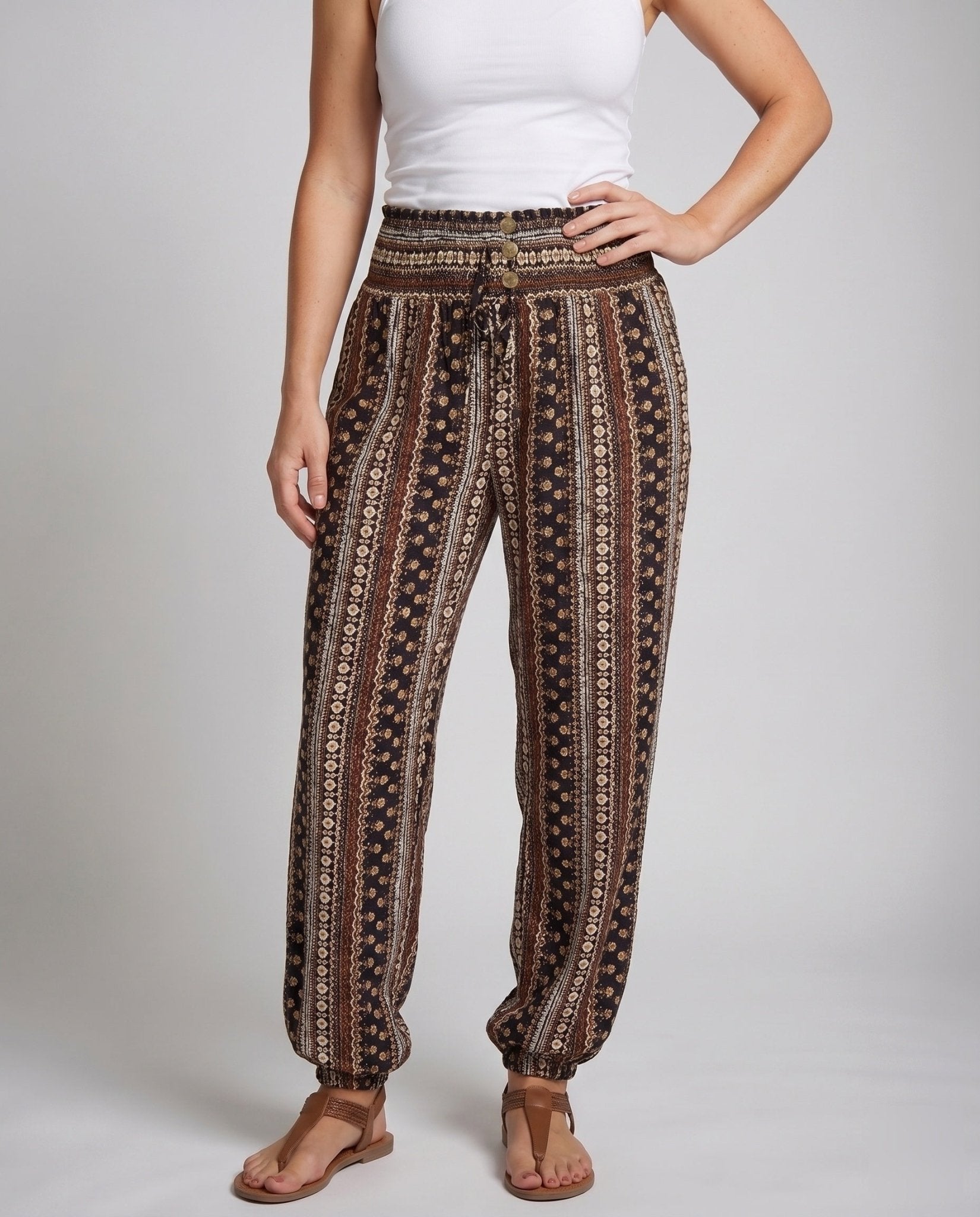Women Wide-Leg Harem Pants with Elastic Waistband and Trendy Pattern - Chichicherry
