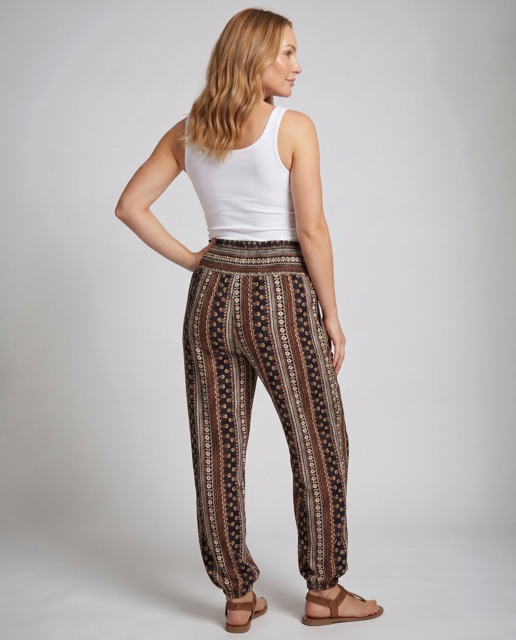 Women Wide-Leg Harem Pants with Elastic Waistband and Trendy Pattern - Chichicherry