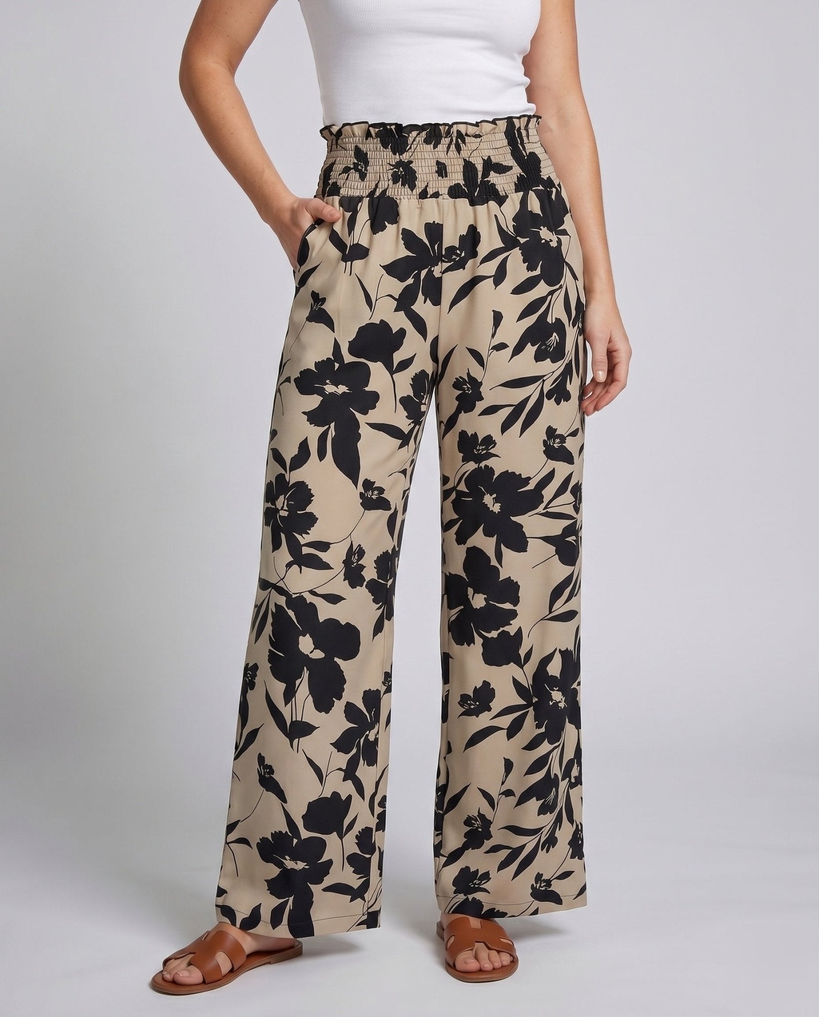 Women Wide-Leg Summer Pants with Floral Print and Elastic Waistband - Chichicherry