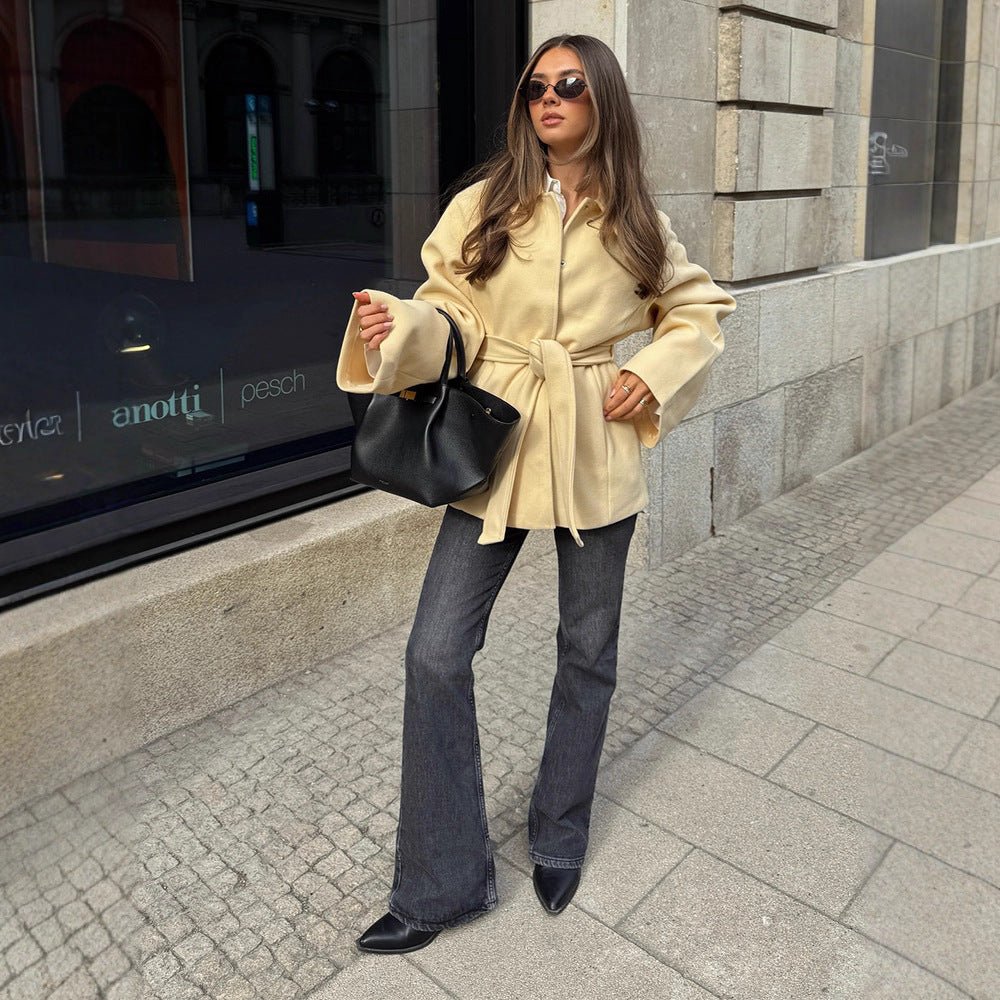 Women Wool Blend Short Jacket with Tying Belt, Boxy Silhouette and Subtle Lapel Chichicherry - Chichicherry