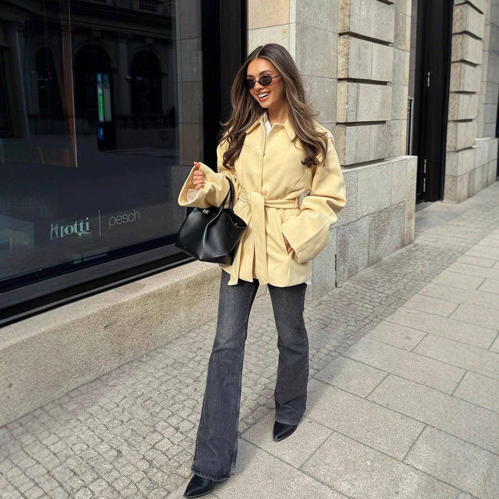 Women Wool Blend Short Jacket with Tying Belt, Boxy Silhouette and Subtle Lapel Chichicherry - Chichicherry