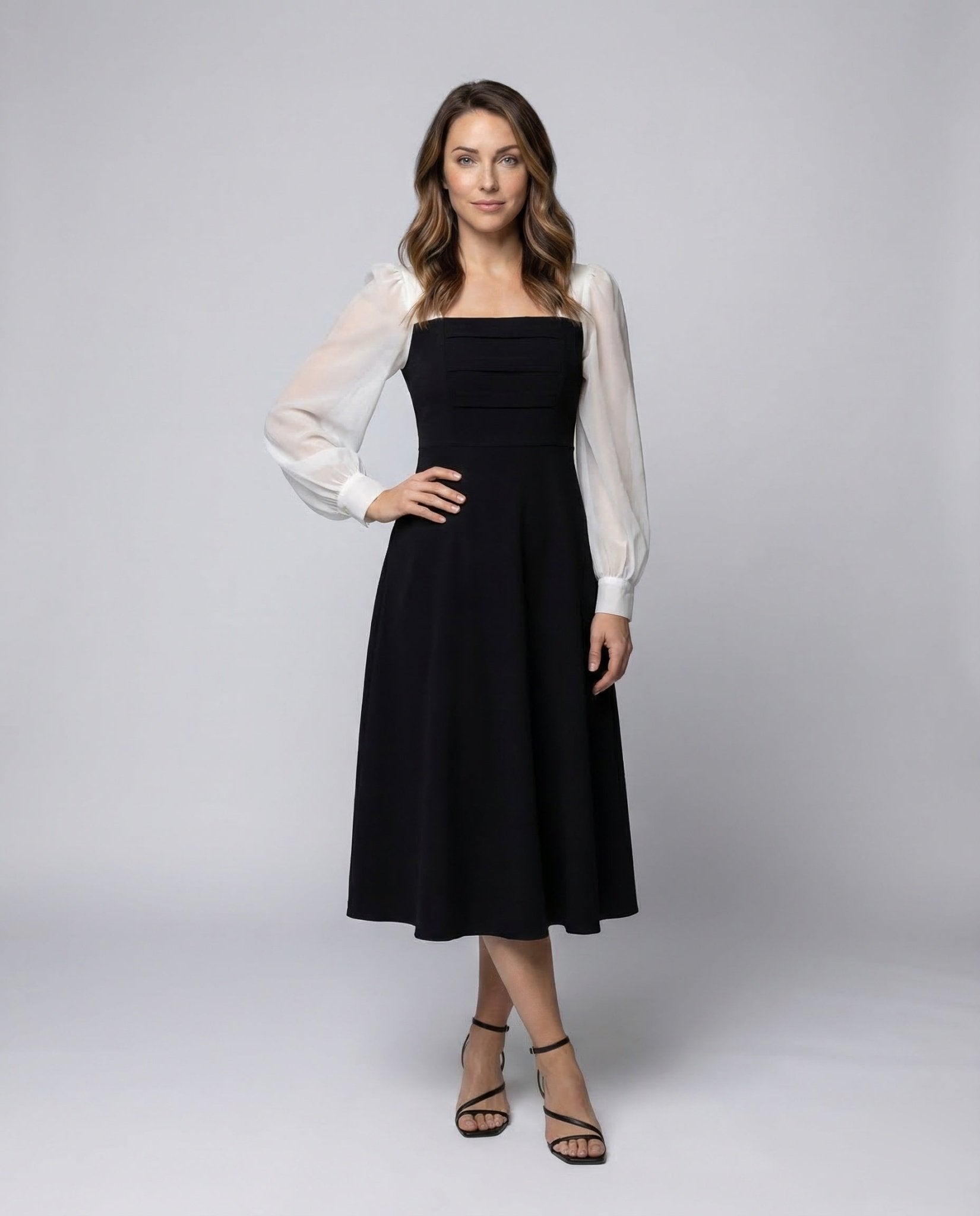 Women's A-line Midi Dress Puff Sleeves - Chichicherry