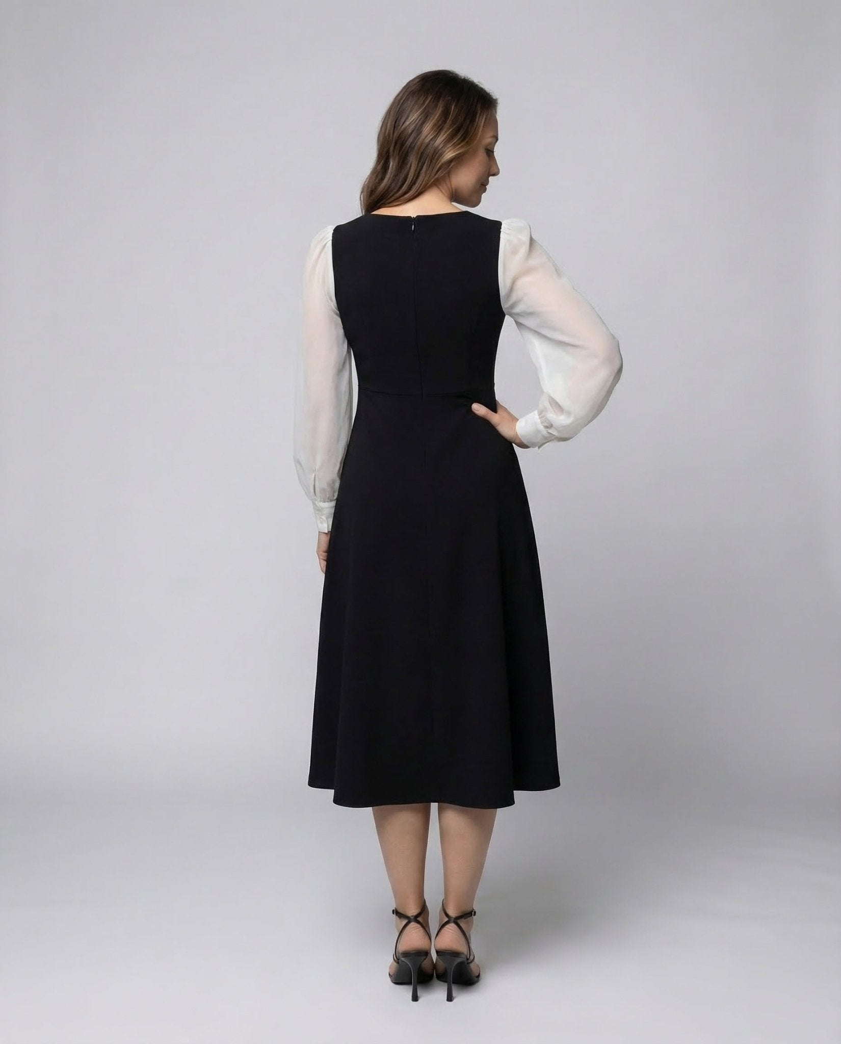 Women's A-line Midi Dress Puff Sleeves - Chichicherry