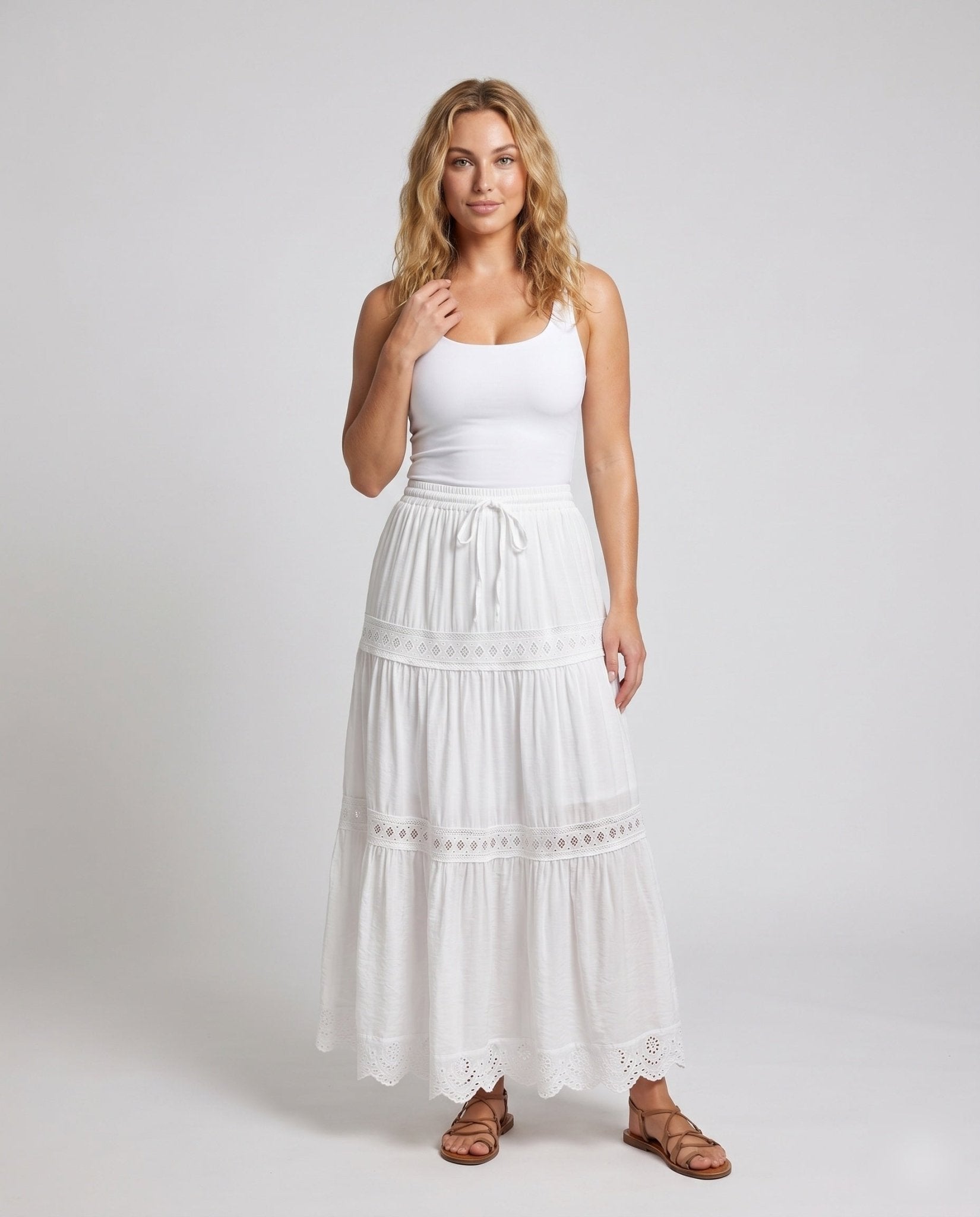Women's airier maxi skirt with folkloric lace trims - Chichicherry