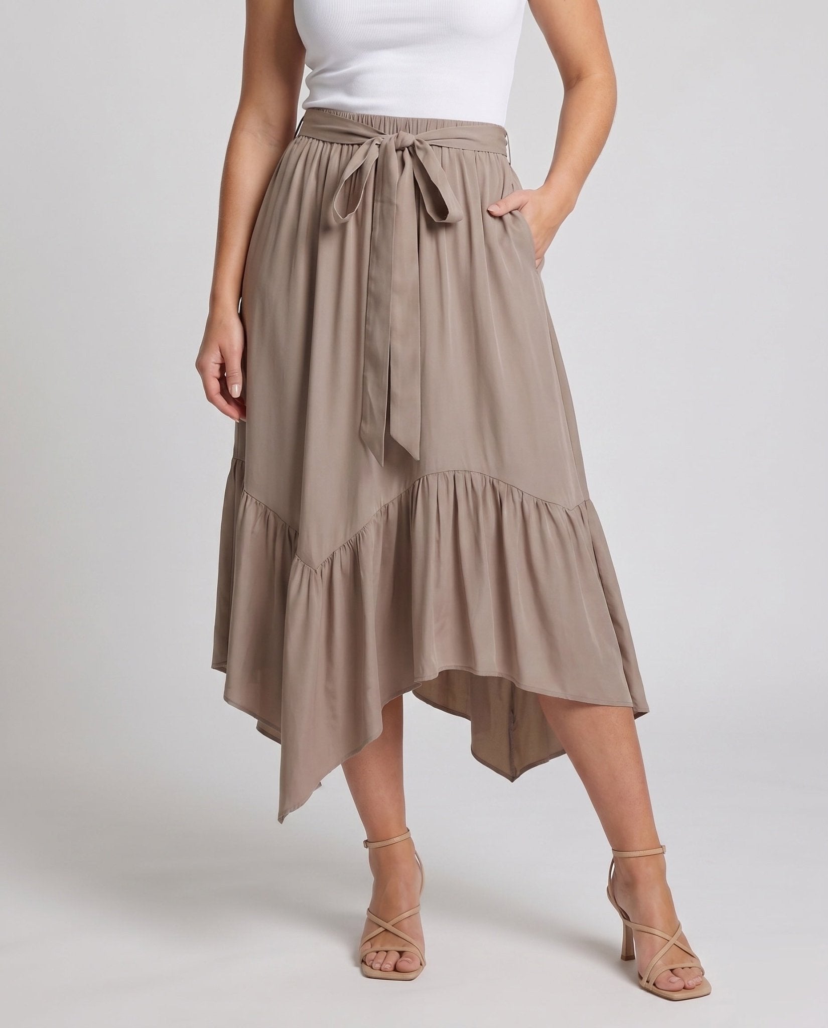 Women's airy maxi skirts with asymmetrical hem and tie details - Chichicherry
