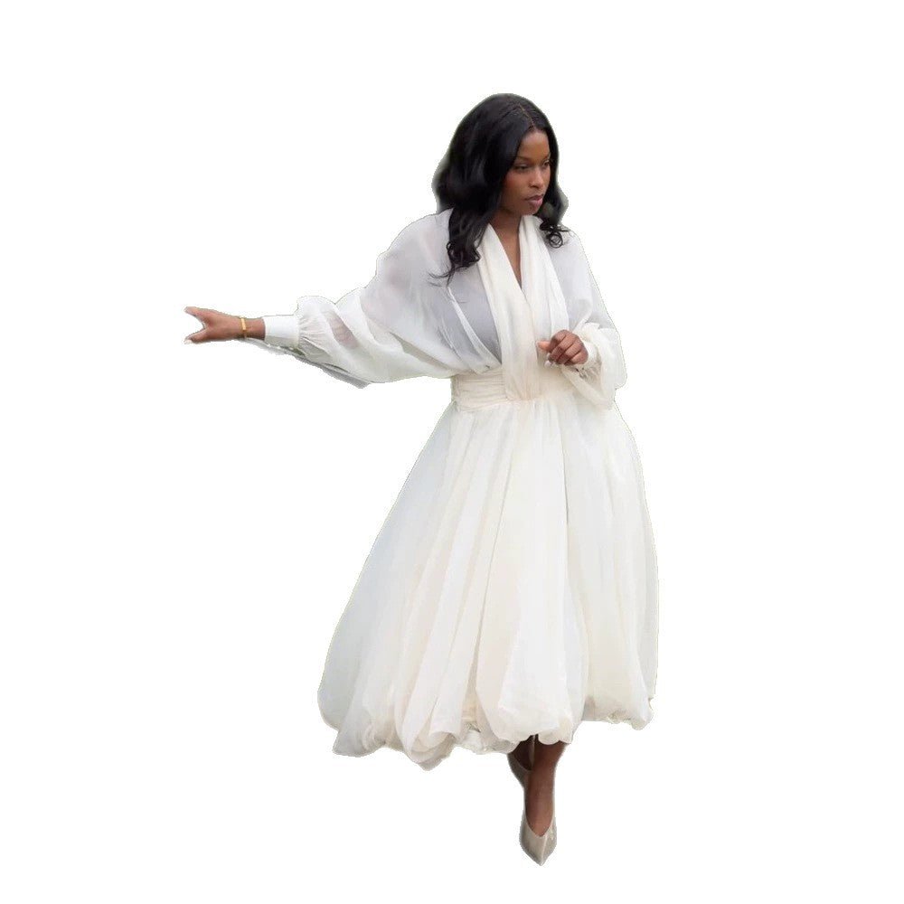 Women's Airy Pleated Maxi Dress with Balloon Hem, V-Neck and Shawl Collar Chichicherry - Chichicherry