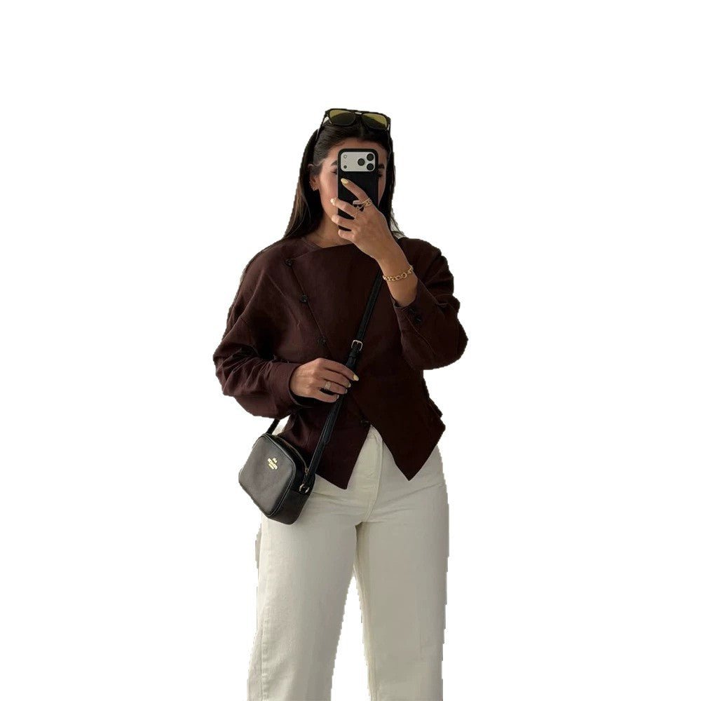 Women’s asymmetric tailored blouse with diagonal button placket Chichicherry - Chichicherry