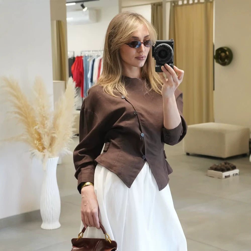 Women’s asymmetric tailored blouse with diagonal button placket Chichicherry - Chichicherry