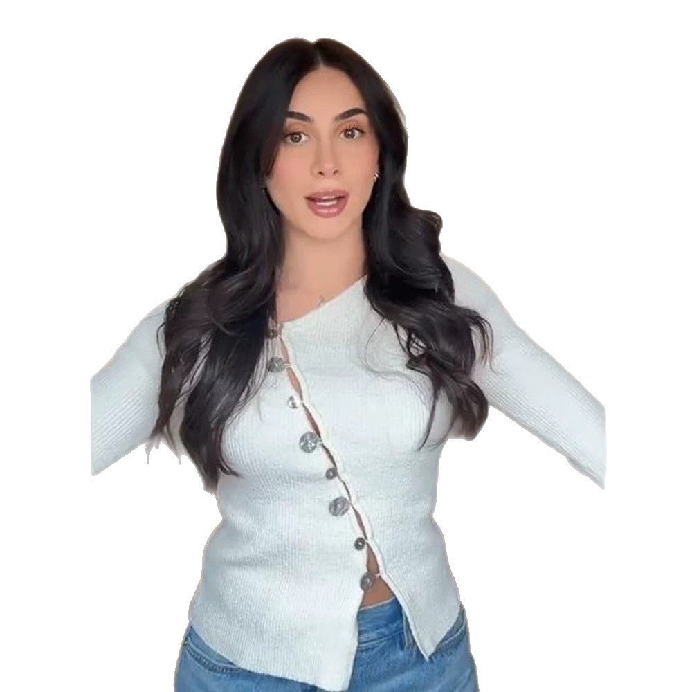 Women's Asymmetrical Fine Knit Cardigan with Decorative Button Placket Chichicherry - Chichicherry