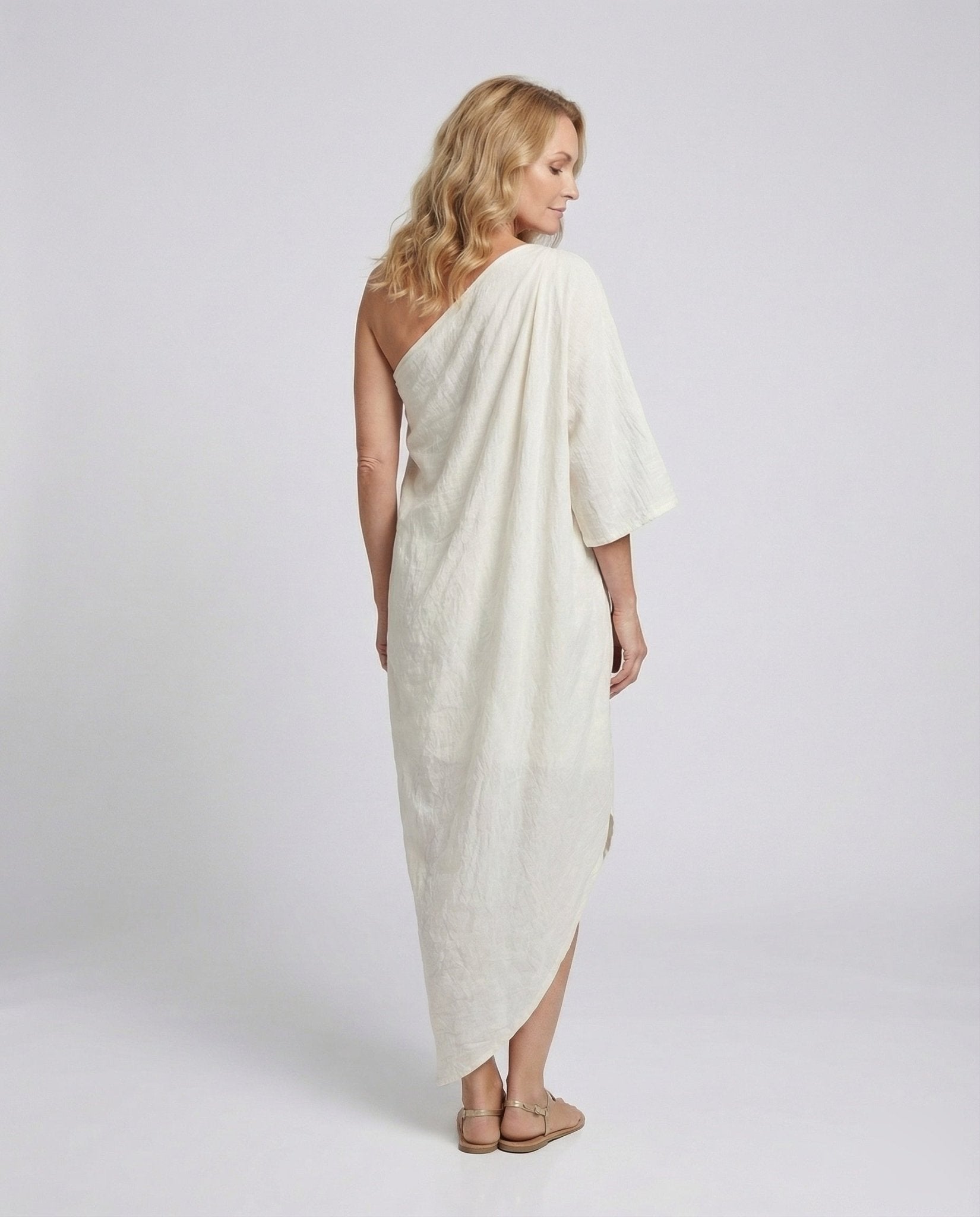 Women's Asymmetrical Maxi Dress with One-Shoulder Detail and Balloon Sleeves - Chichicherry
