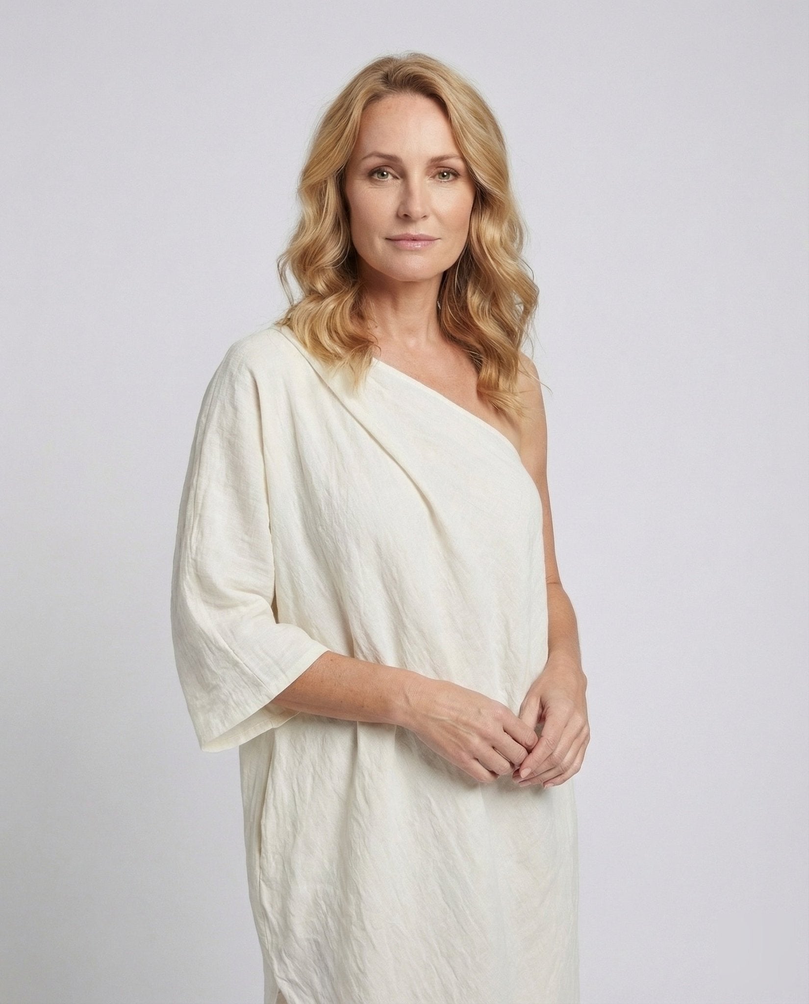 Women's Asymmetrical Maxi Dress with One-Shoulder Detail and Balloon Sleeves - Chichicherry