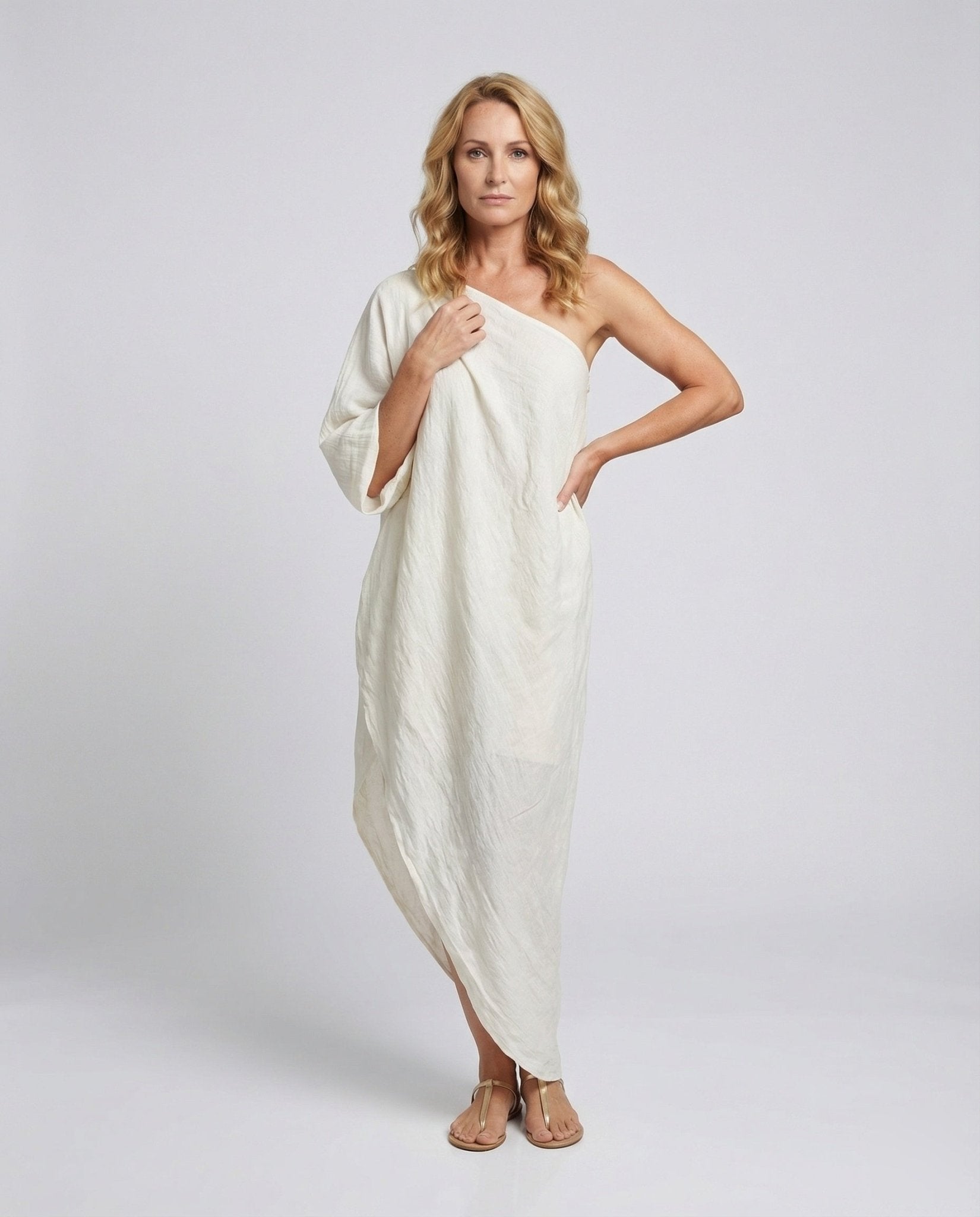 Women's Asymmetrical Maxi Dress with One-Shoulder Detail and Balloon Sleeves - Chichicherry