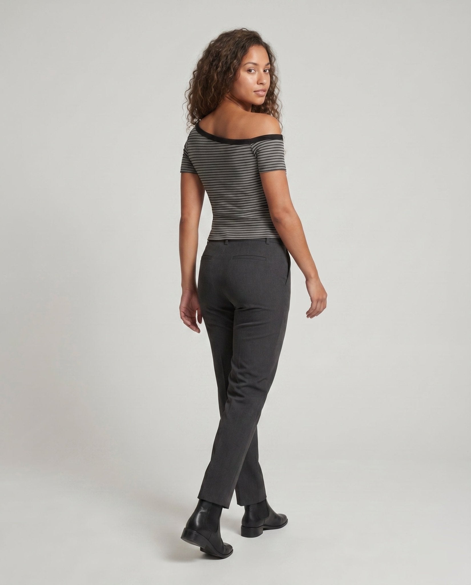 Women's asymmetrical short-sleeve shirt with charismatic stripe pattern and elegant round neckline - Chichicherry