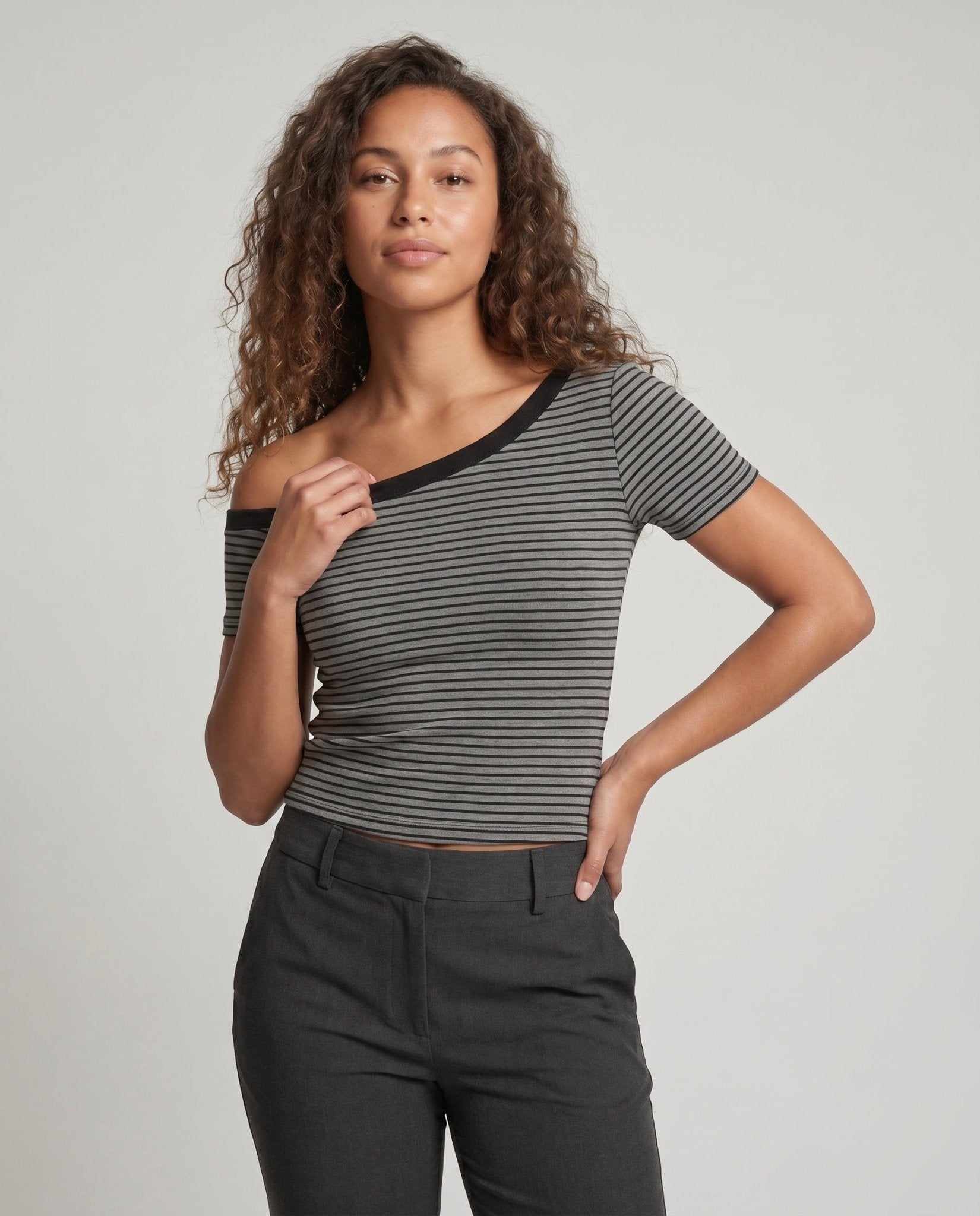 Women's asymmetrical short-sleeve shirt with charismatic stripe pattern and elegant round neckline - Chichicherry