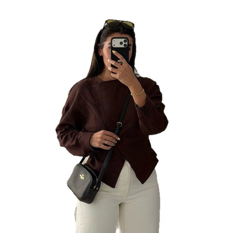 Women’s asymmetrical tailored blouse jacket made of linen with diagonal button closure Chichicherry - Chichicherry