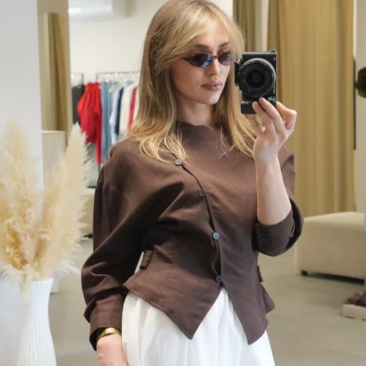 Women’s asymmetrical tailored blouse jacket made of linen with diagonal button closure Chichicherry - Chichicherry