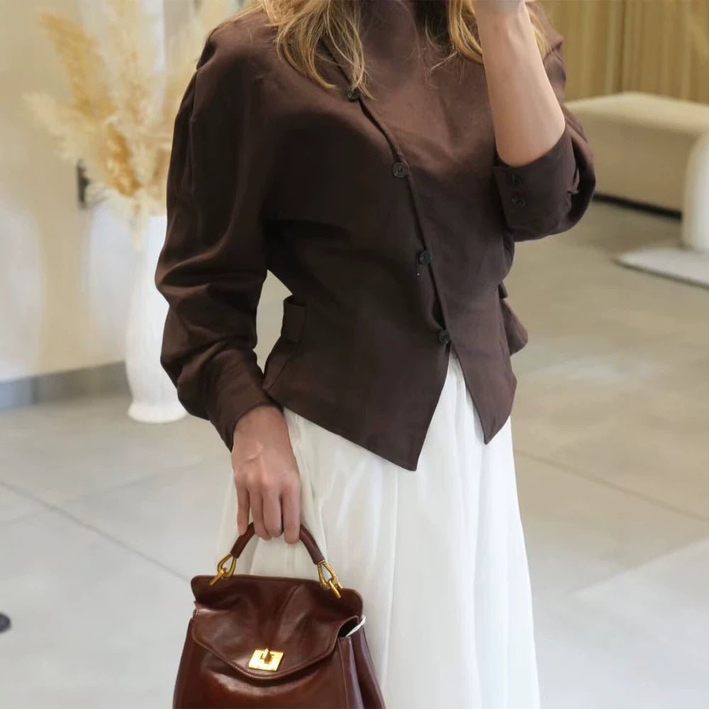 Women’s asymmetrical tailored blouse jacket made of linen with diagonal button closure Chichicherry - Chichicherry